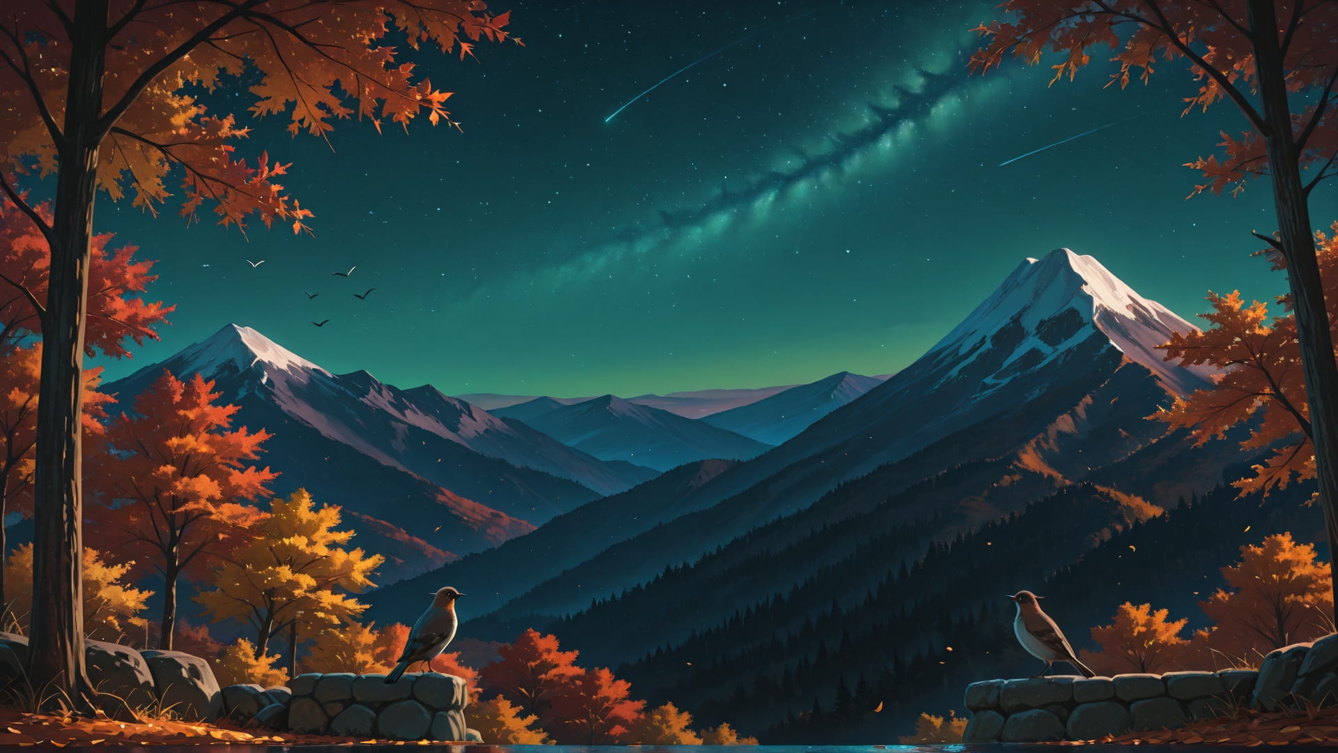 Green Night Mountain StarrySky smartphone wallpaper free download, vertical 16:9 format, Green, Night, Mountain, Autumn