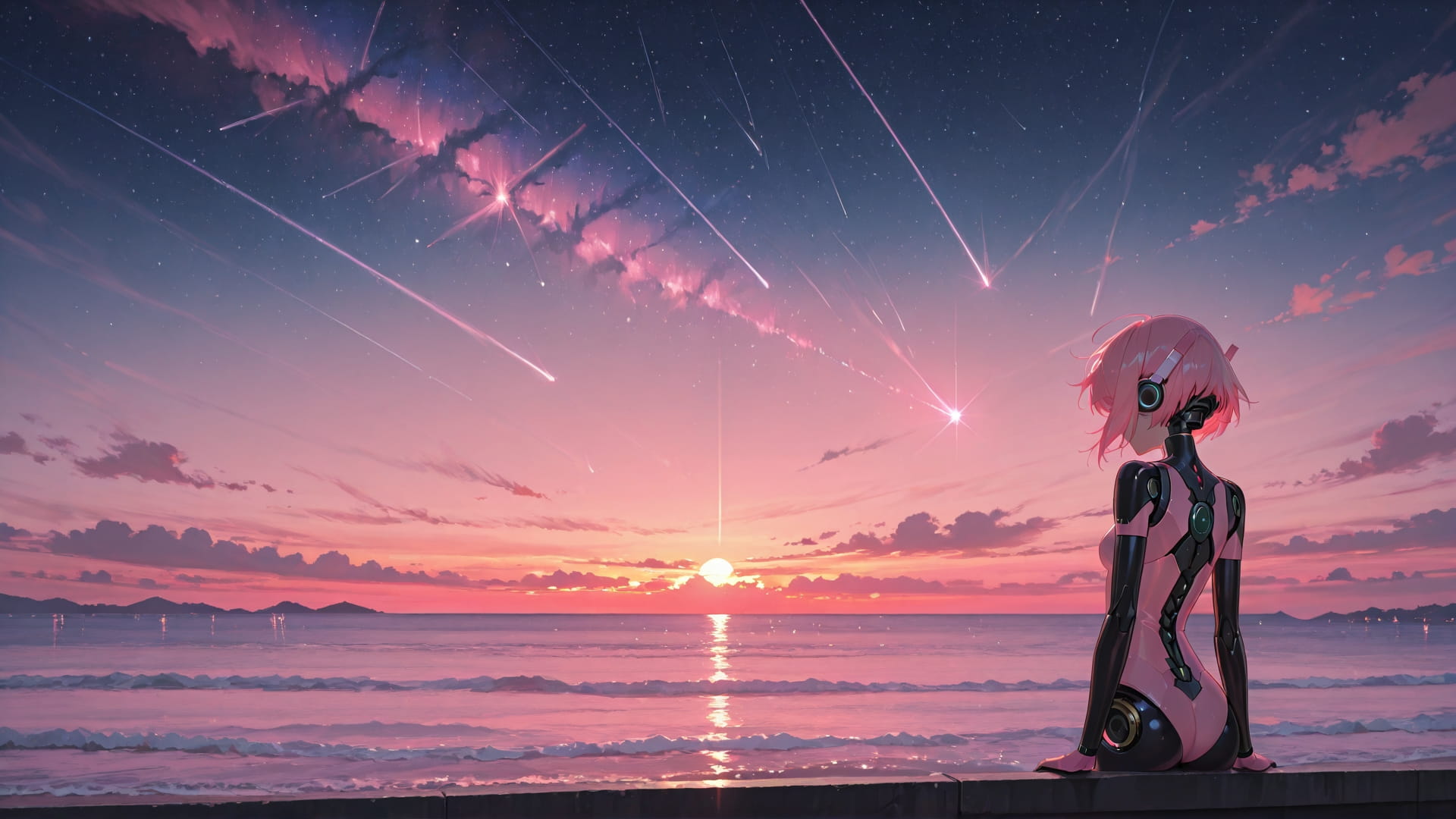 Pink Sunset Sea StarrySky smartphone wallpaper free download, vertical 9:16 format, Pink, Sunset, Sea, Spring