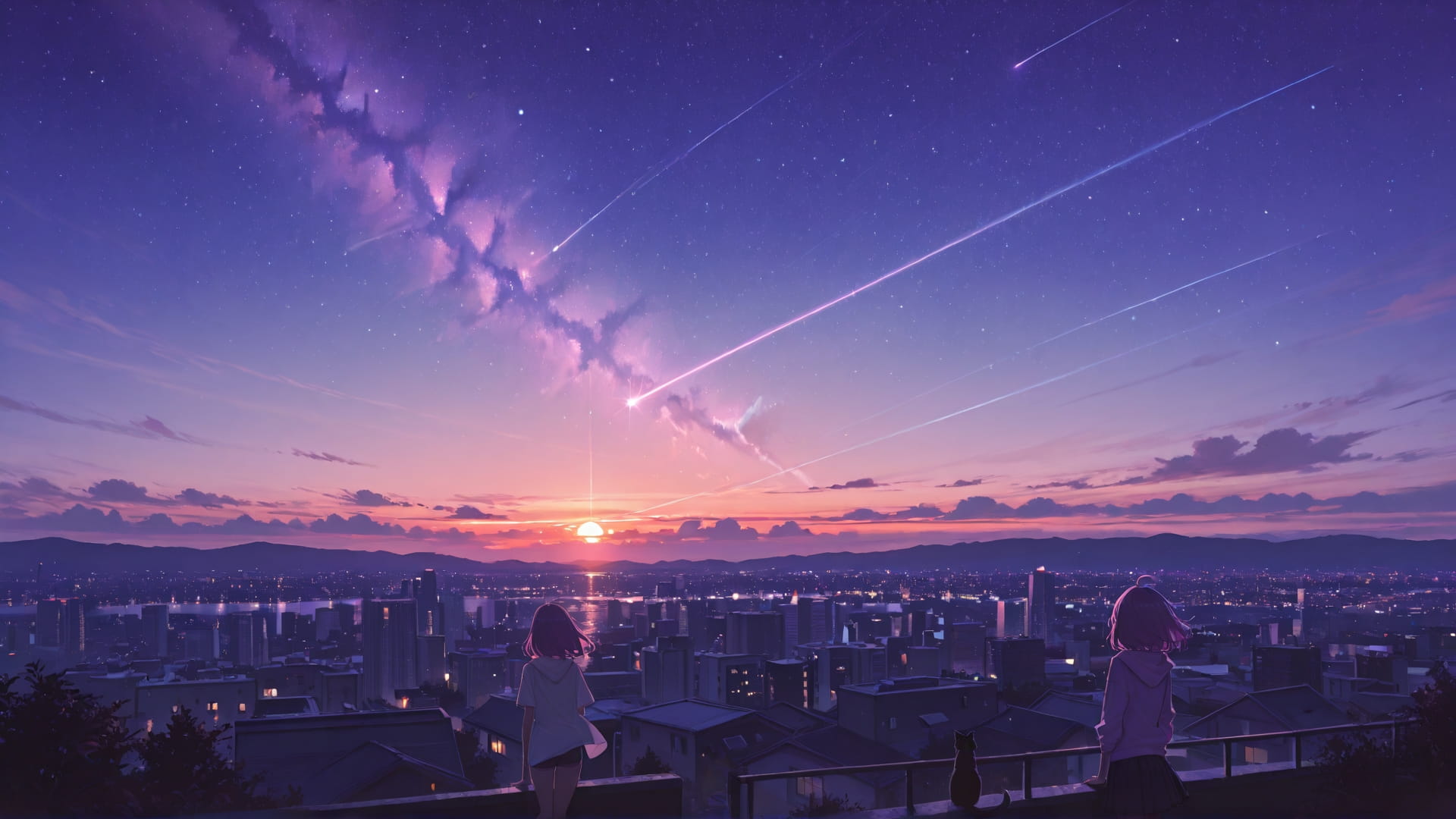 Purple Sunset City StarrySky smartphone wallpaper free download, vertical 16:9 format, Purple, Sunset, City, Summer