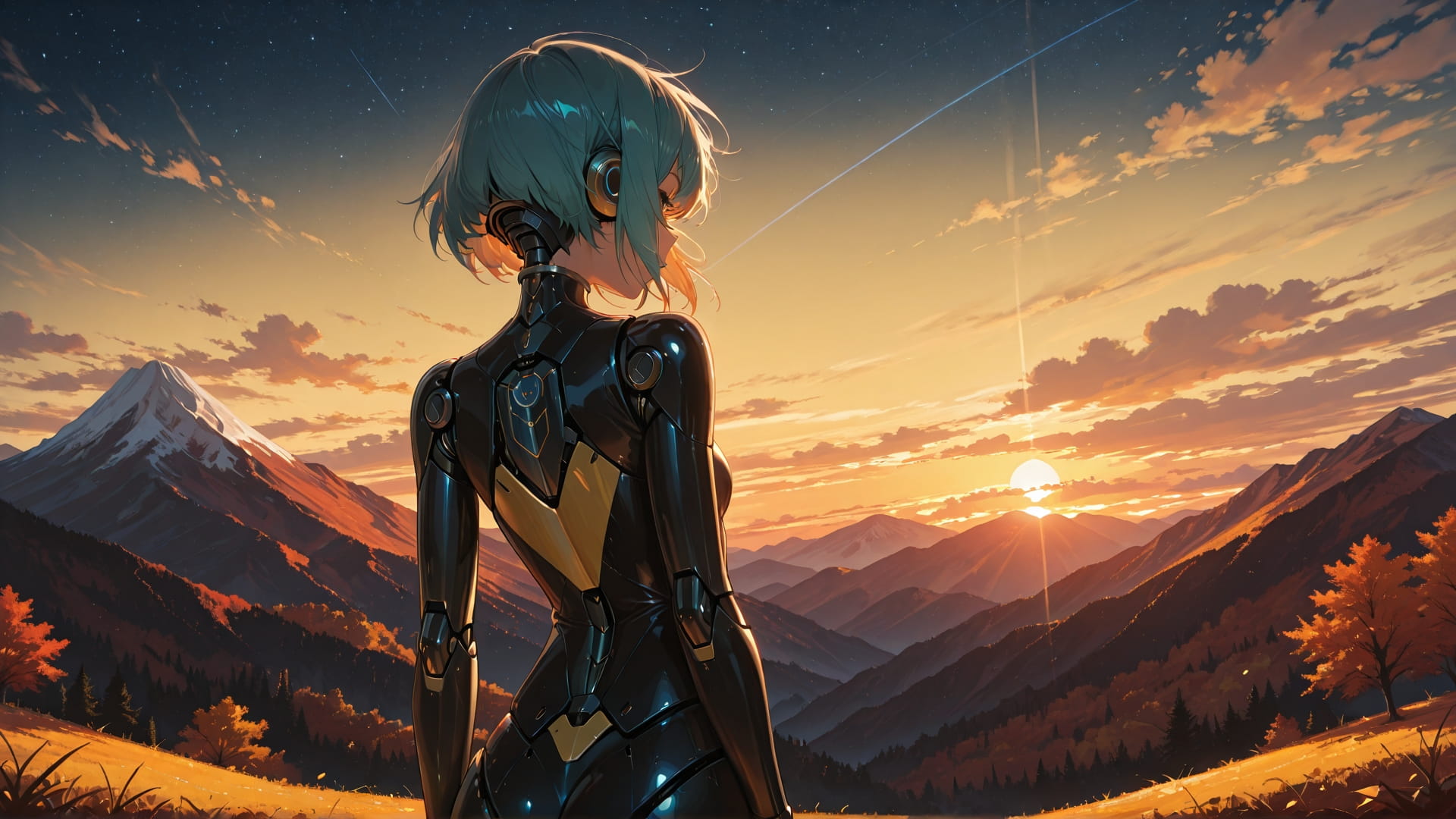 Yellow Sunset Mountain StarrySky smartphone wallpaper free download, vertical 16:9 format, Yellow, Sunset, Mountain, Autumn