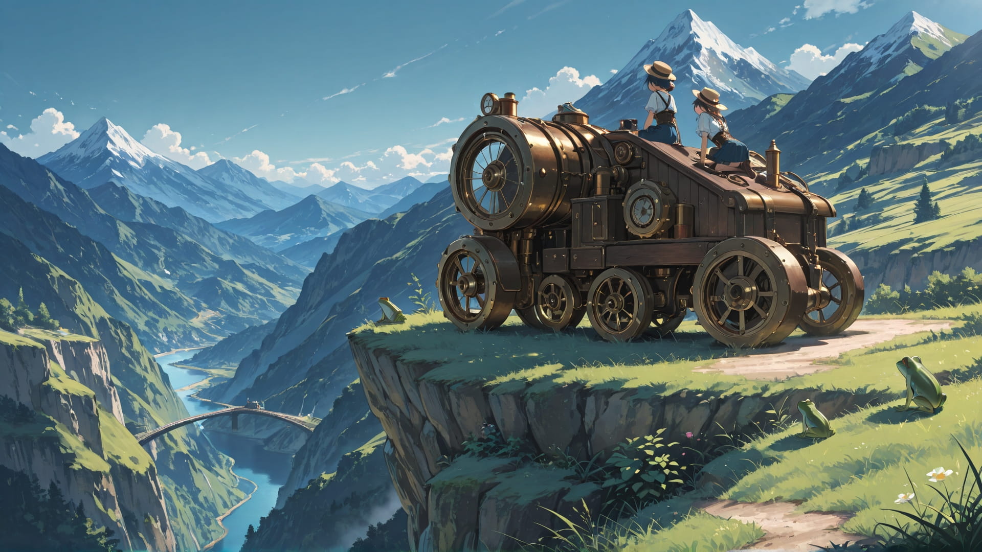 Blue Afternoon Mountain Steampunk smartphone wallpaper free download, vertical 16:9 format, Blue, Afternoon, Mountain, Summer