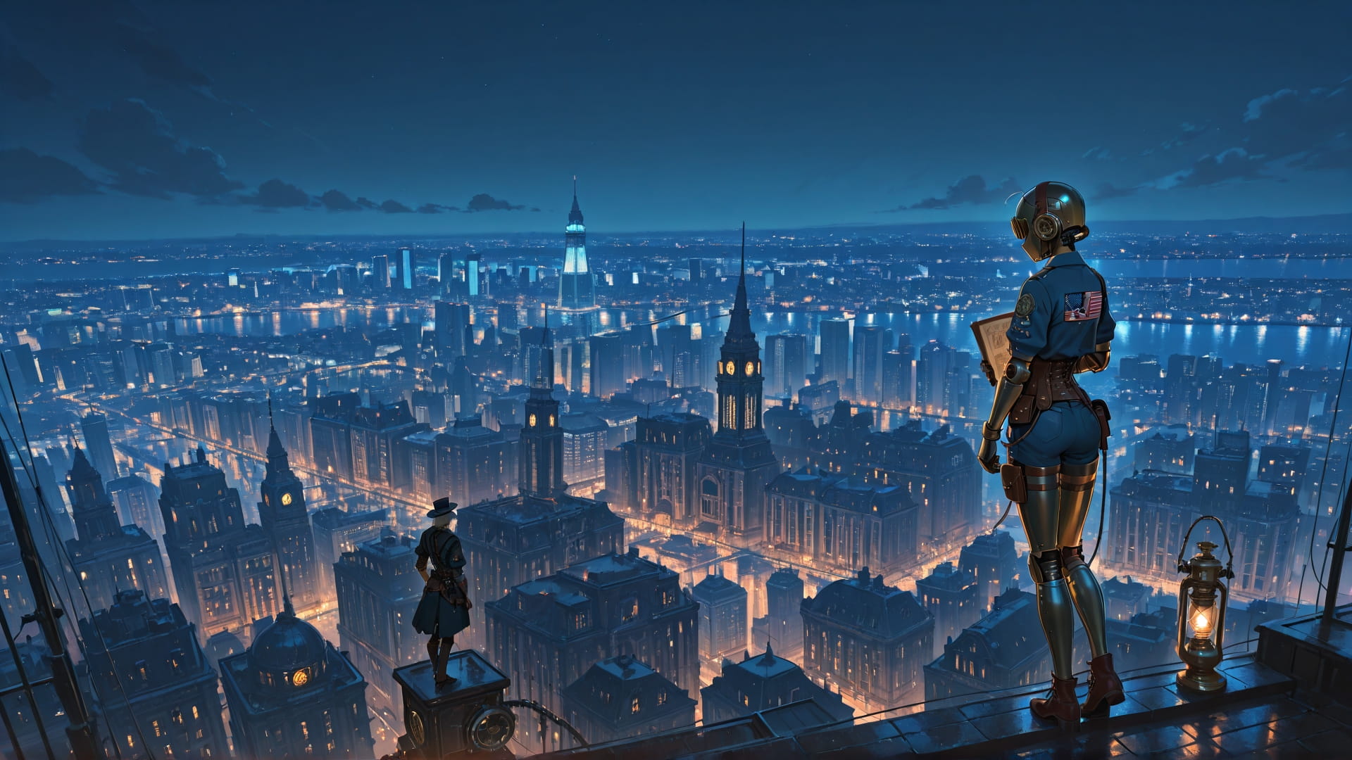 Blue Night City Steampunk smartphone wallpaper free download, vertical 9:16 format, Blue, Night, City, Summer