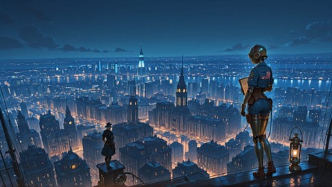 Blue Night City Steampunk smartphone wallpaper free download, vertical 9:16 format, Blue, Night, City, Summer