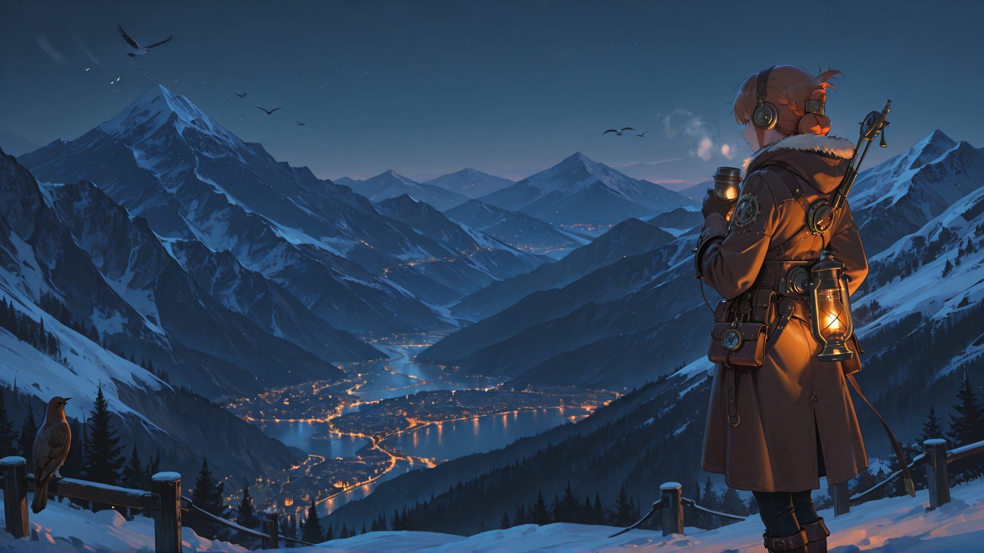 Orange Night Mountain Steampunk smartphone wallpaper free download, vertical 16:9 format, Orange, Night, Mountain, Winter