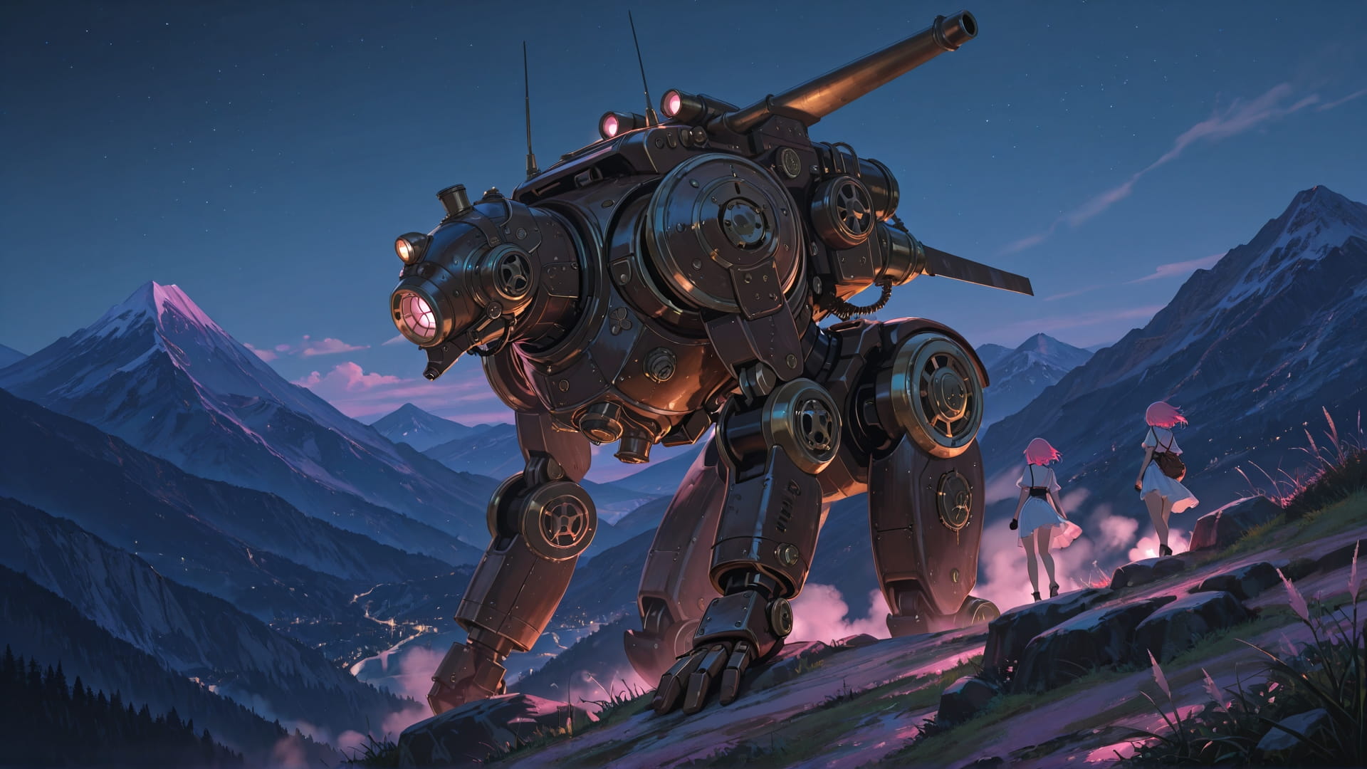 Pink Night Mountain Steampunk smartphone wallpaper free download, vertical 16:9 format, Pink, Night, Mountain, Summer