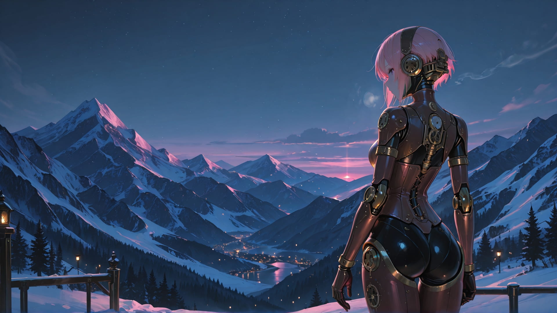 Pink Night Mountain Steampunk smartphone wallpaper free download, vertical 16:9 format, Pink, Night, Mountain, Winter