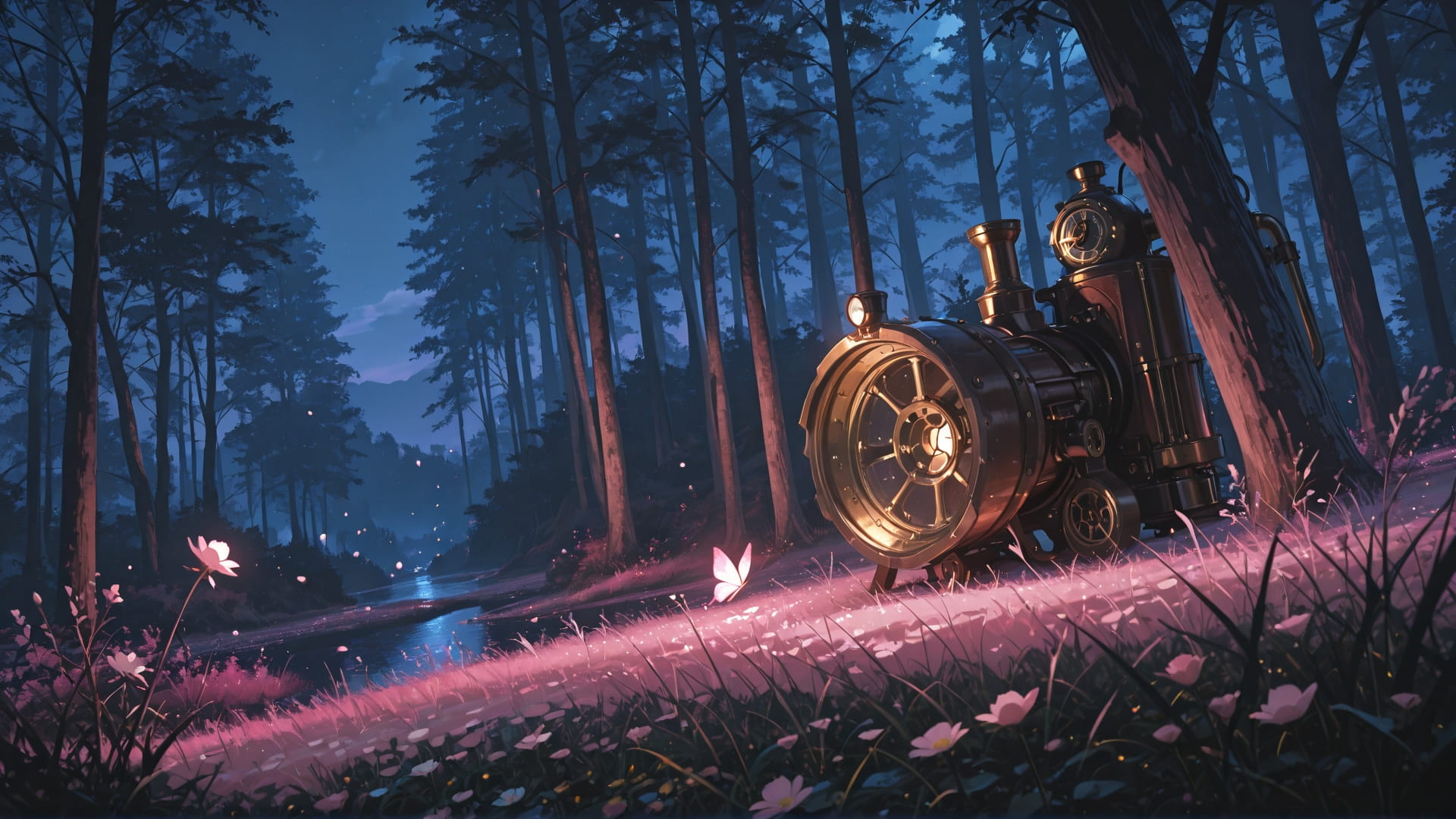 Pink Night Nature Steampunk smartphone wallpaper free download, vertical 16:9 format, Pink, Night, Nature, Spring 001
