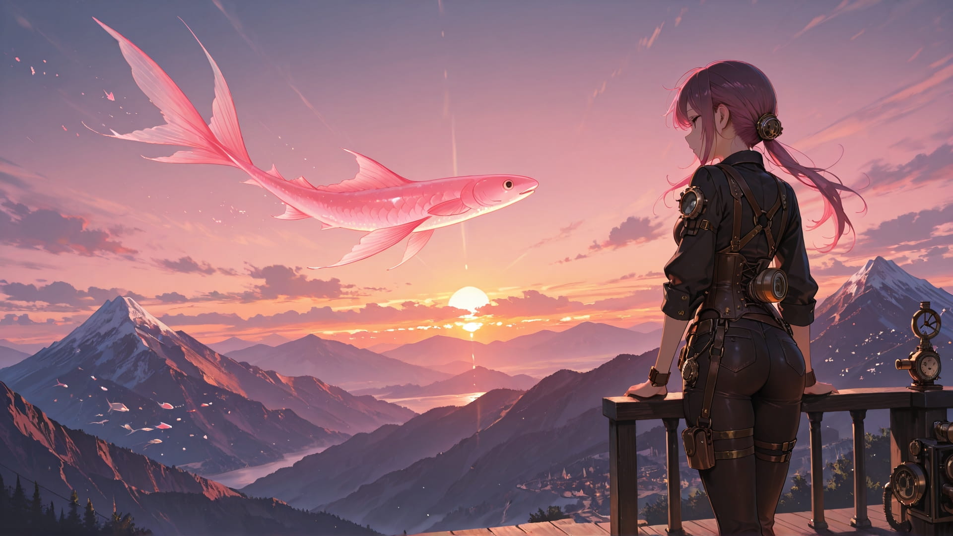 Pink Sunset Mountain Steampunk smartphone wallpaper free download, vertical 16:9 format, Pink, Sunset, Mountain, Summer
