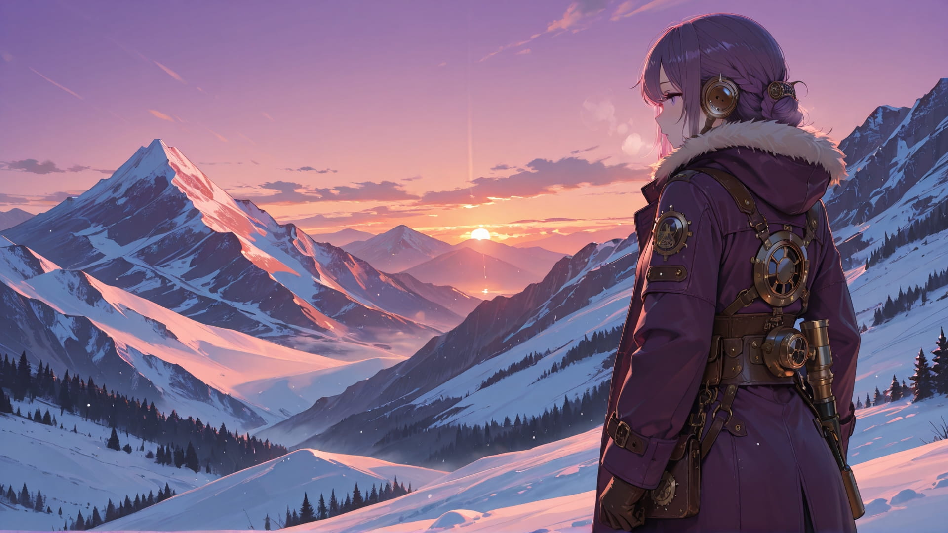 Purple Sunset Mountain Steampunk smartphone wallpaper free download, vertical 16:9 format, Purple, Sunset, Mountain, Winter 001