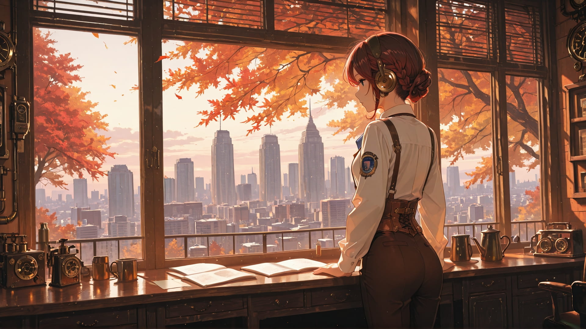 Red Afternoon City Steampunk smartphone wallpaper free download, vertical 16:9 format, Red, Afternoon, City, Autumn 001