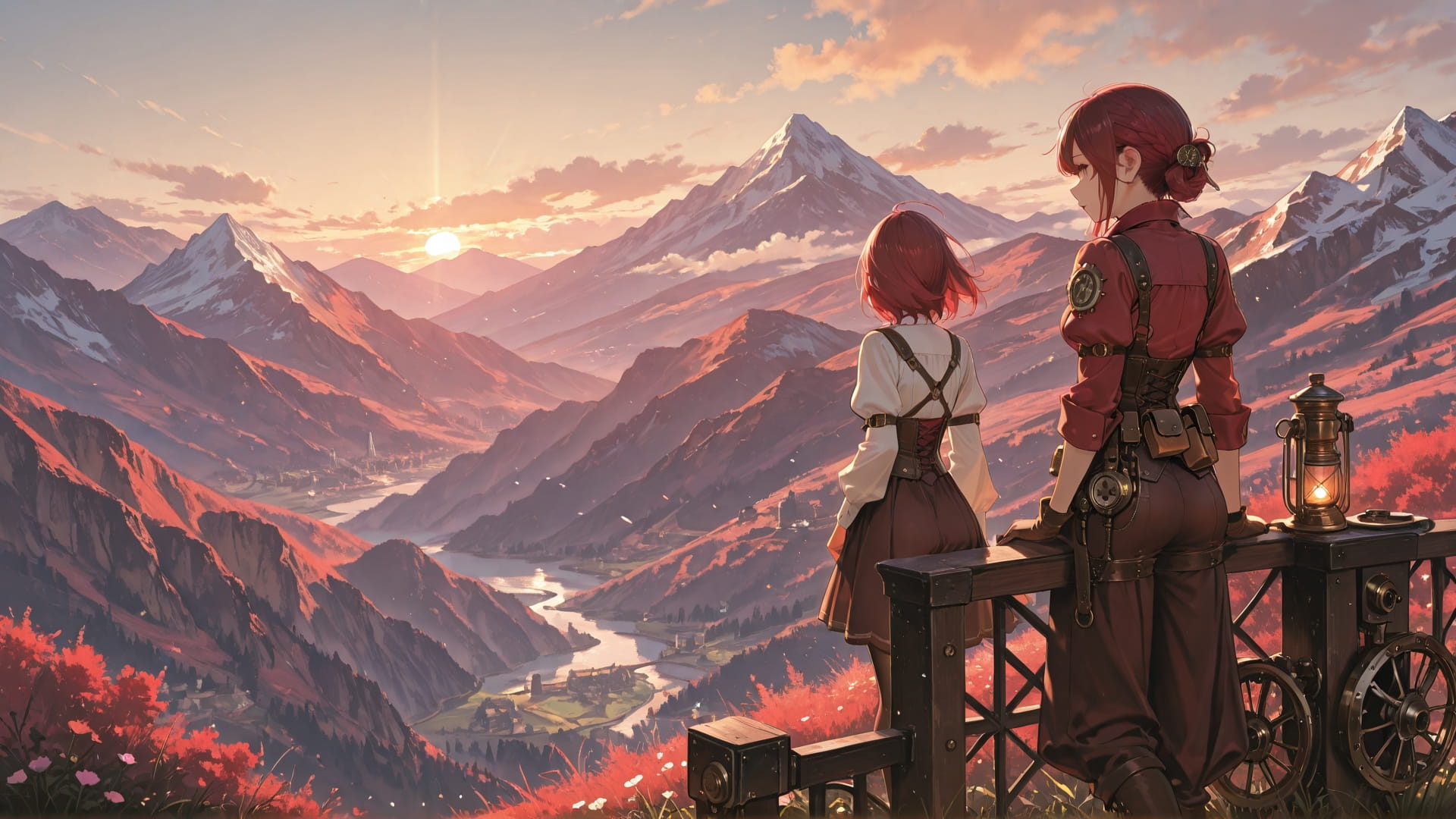 Red Afternoon Mountain Steampunk smartphone wallpaper free download, vertical 16:9 format, Red, Afternoon, Mountain, Spring 001
