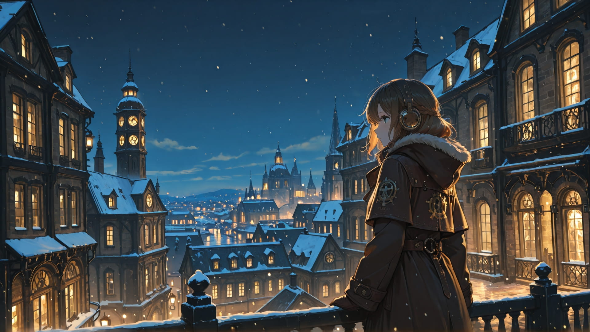 Yellow Night City Steampunk smartphone wallpaper free download, vertical 16:9 format, Yellow, Night, City, Winter