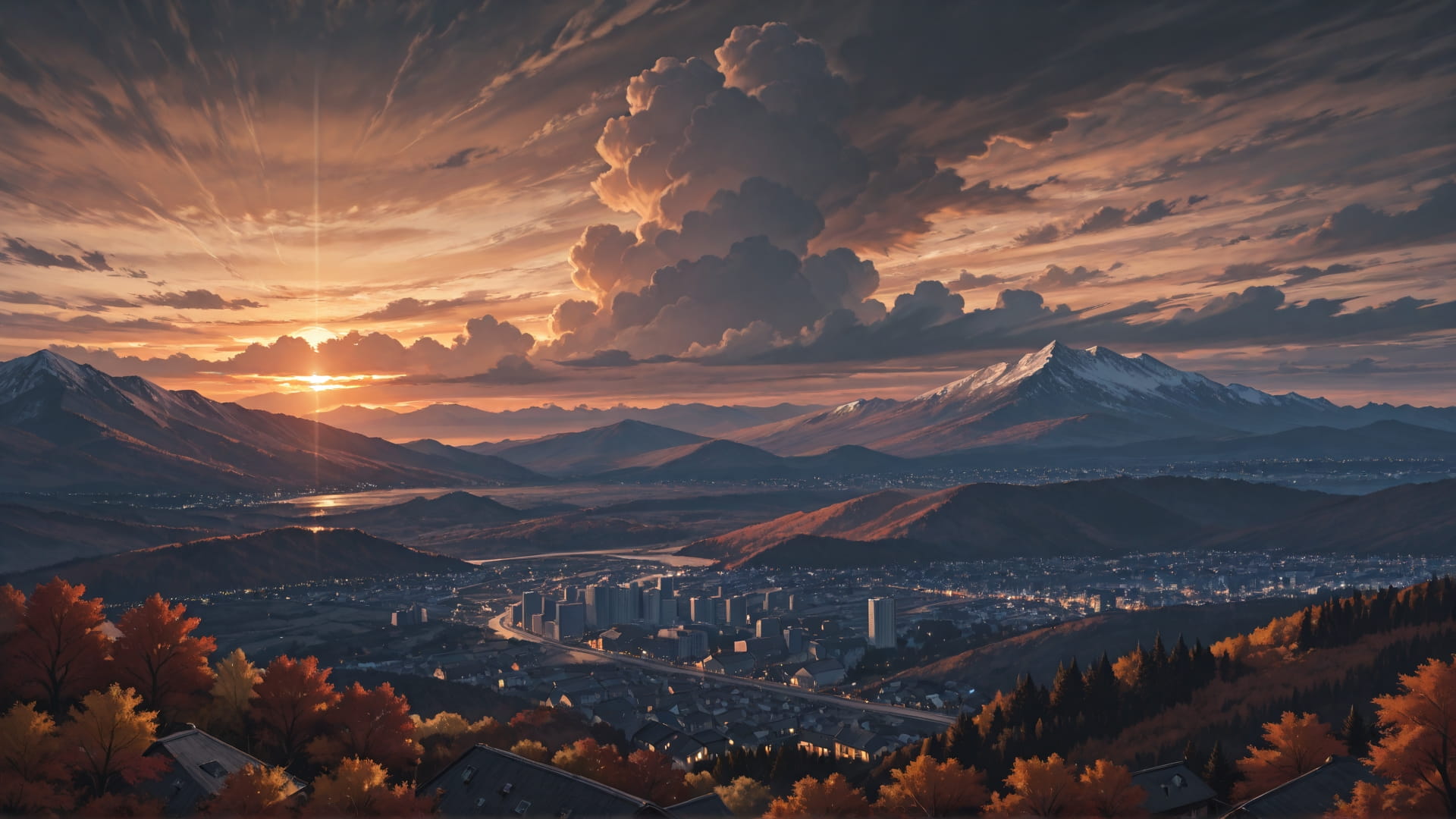 Brown Sunset City Storm smartphone wallpaper free download, vertical 16:9 format, Brown, Sunset, City, Autumn 002