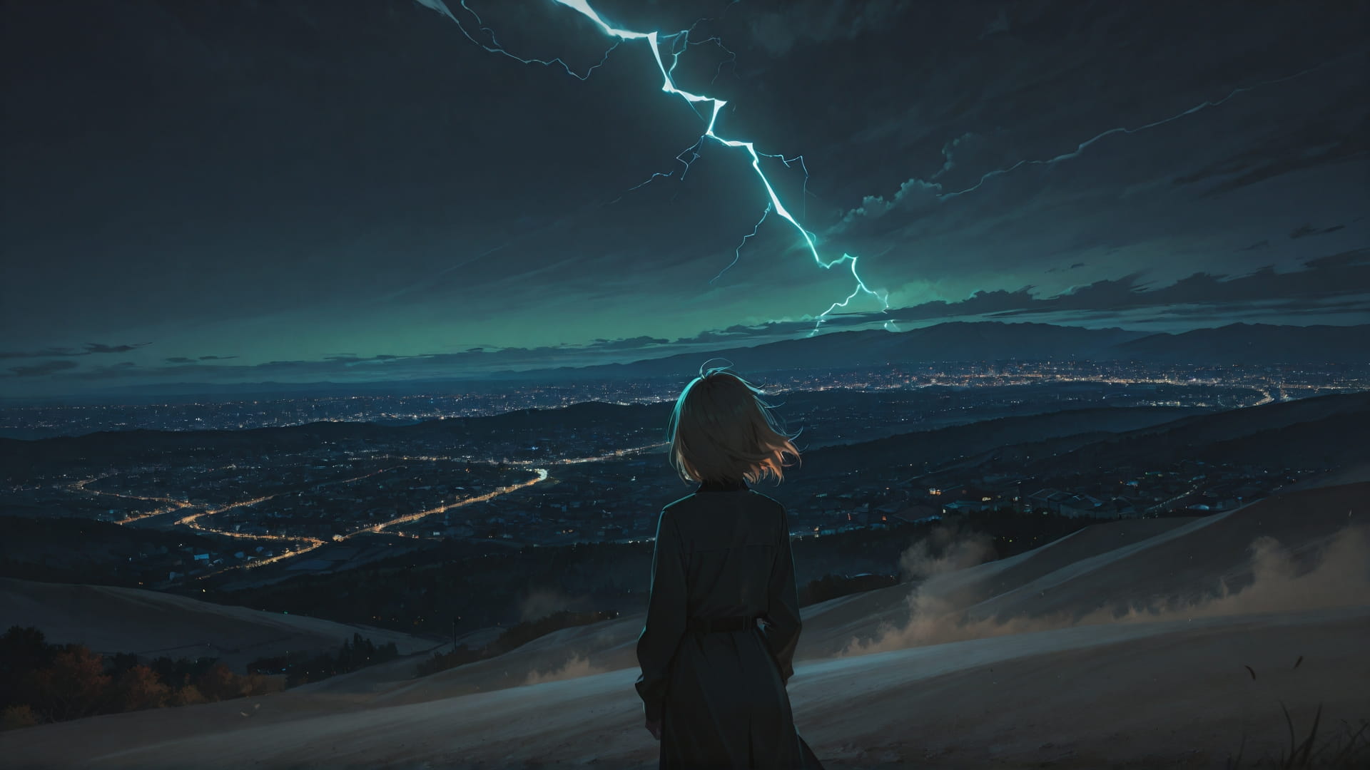 Green Night City Storm smartphone wallpaper free download, vertical 16:9 format, Green, Night, City, Autumn