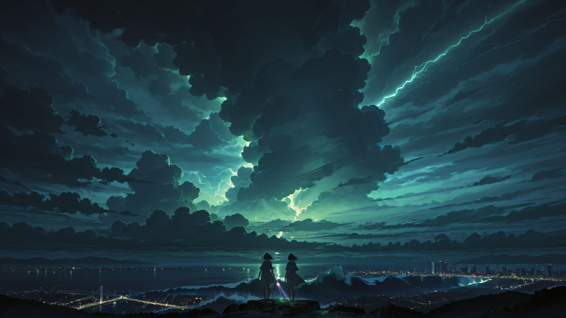 Green Night City Storm smartphone wallpaper free download, vertical 16:9 format, Green, Night, City, Summer