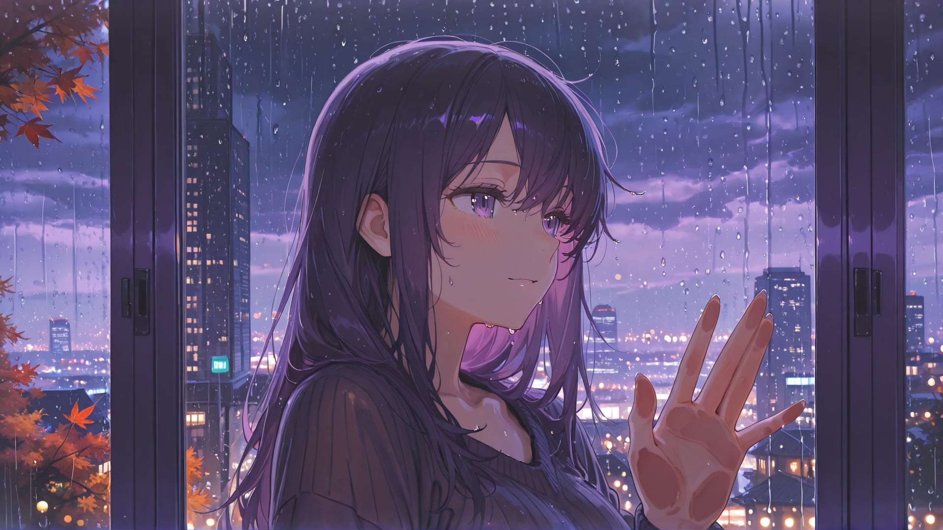 Purple Night City Storm smartphone wallpaper free download, vertical 16:9 format, Purple, Night, City, Autumn 001