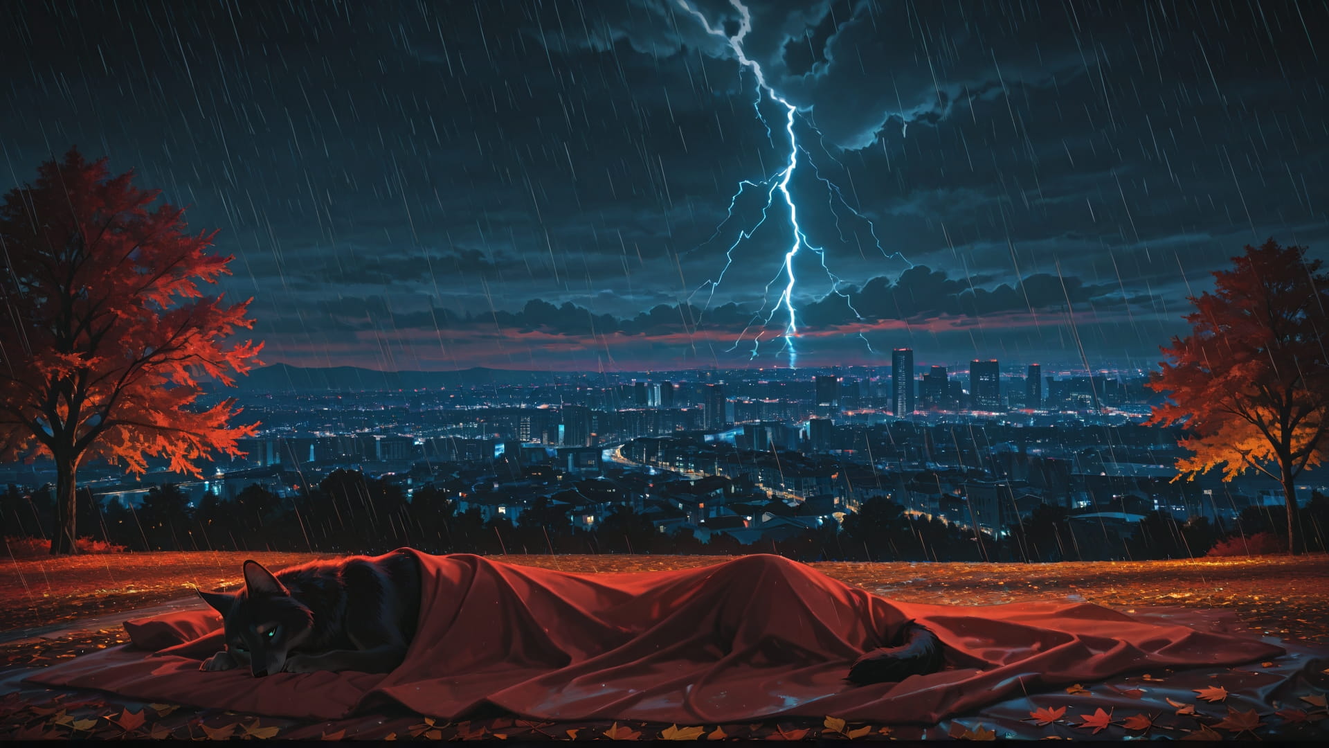 Red Night City Storm smartphone wallpaper free download, vertical 16:9 format, Red, Night, City, Autumn