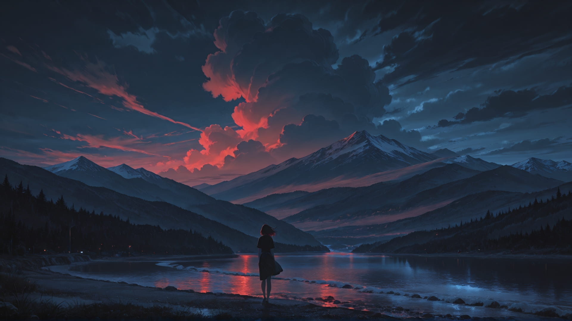 Red Night Sea Storm smartphone wallpaper free download, vertical 16:9 format, Red, Night, Sea, Summer