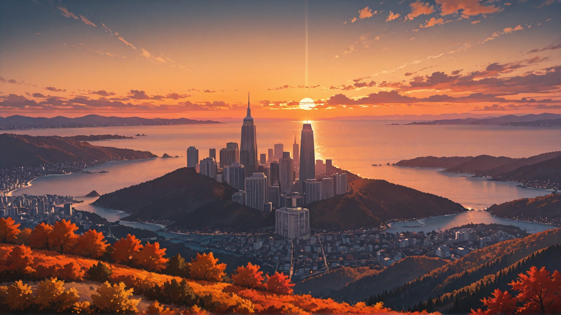 Orange Sunset Sea USA smartphone wallpaper free download, vertical 16:9 format, Orange, Sunset, Sea, Autumn 001