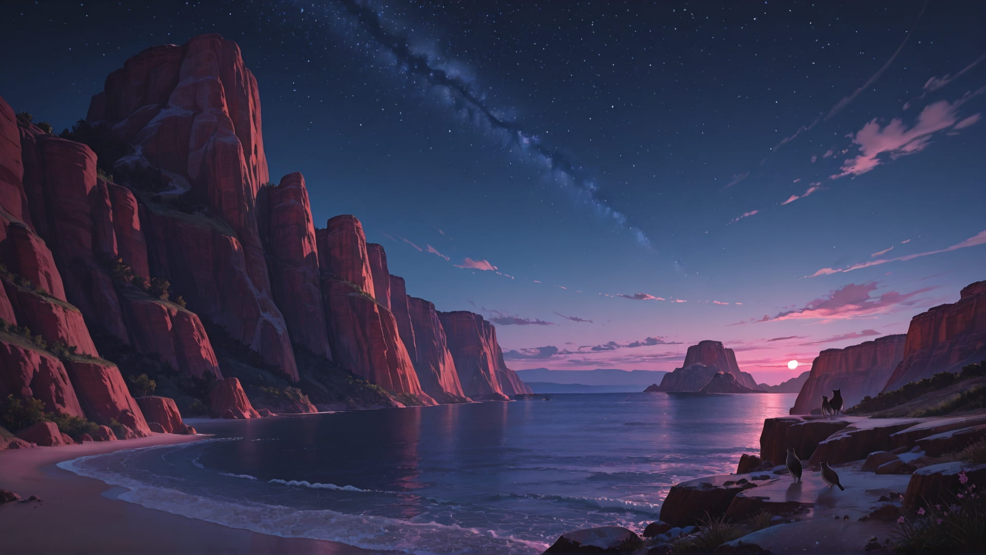 Pink Night Sea USA smartphone wallpaper free download, vertical 16:9 format, Pink, Night, Sea, Spring