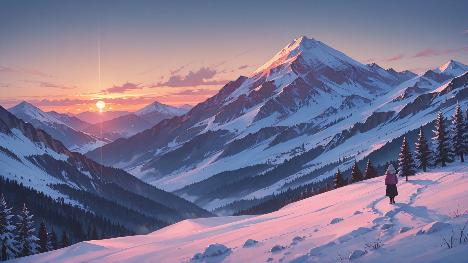 Pink Sunset Mountain USA smartphone wallpaper free download, vertical 16:9 format, Pink, Sunset, Mountain, Winter 001