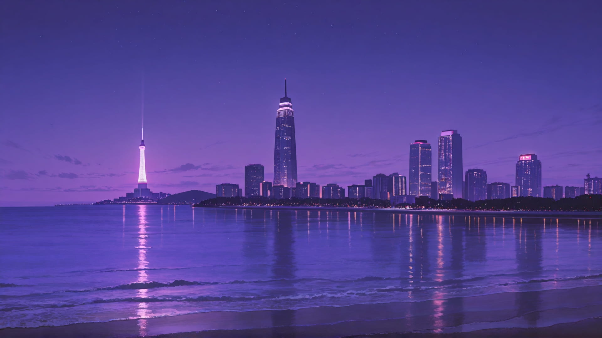 Purple Night Sea USA smartphone wallpaper free download, vertical 16:9 format, Purple, Night, Sea, Summer 001