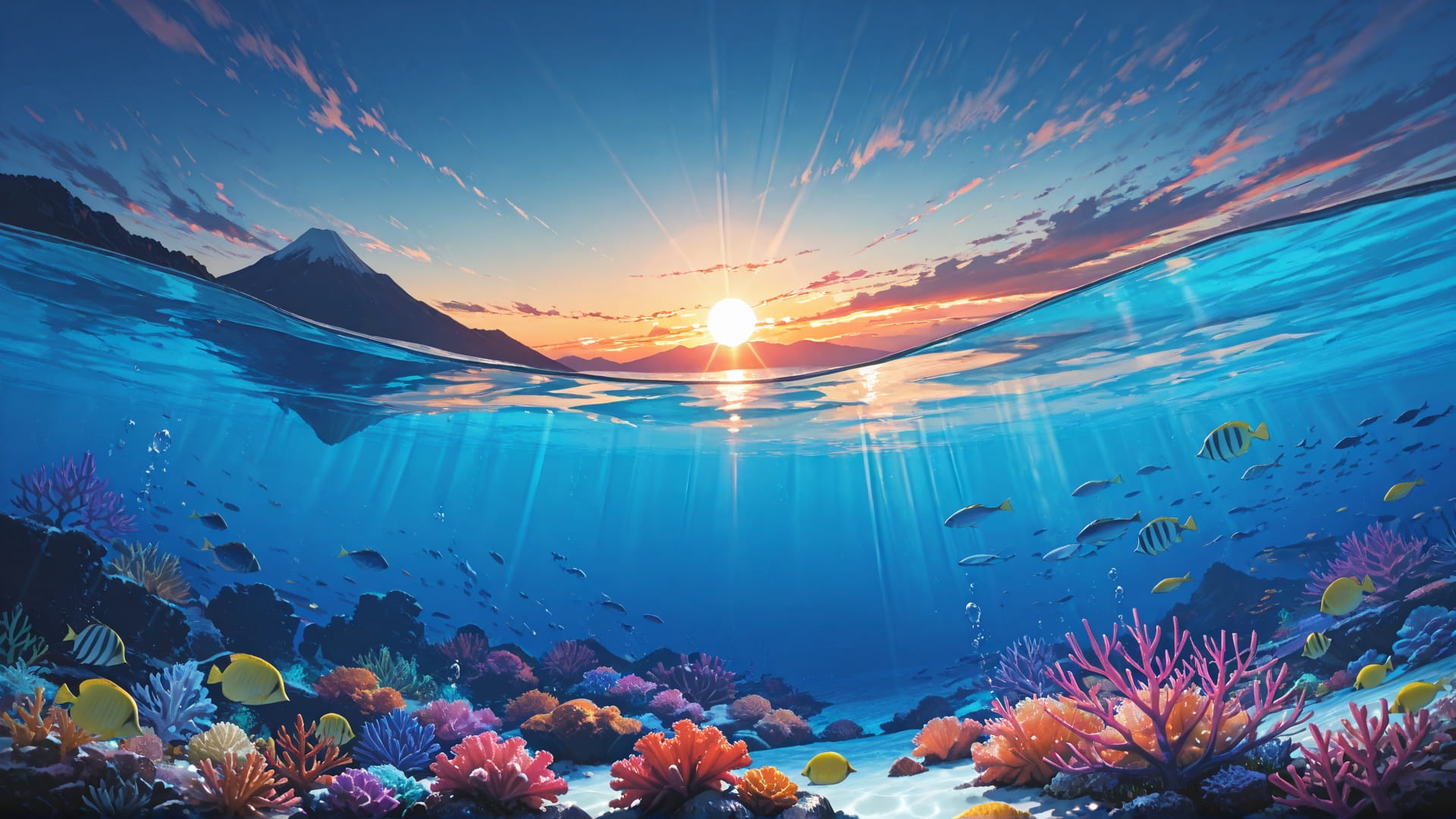 Blue Sunset Mountain Underwater smartphone wallpaper free download, vertical 16:9 format, Blue, Sunset, Mountain, Summer 001