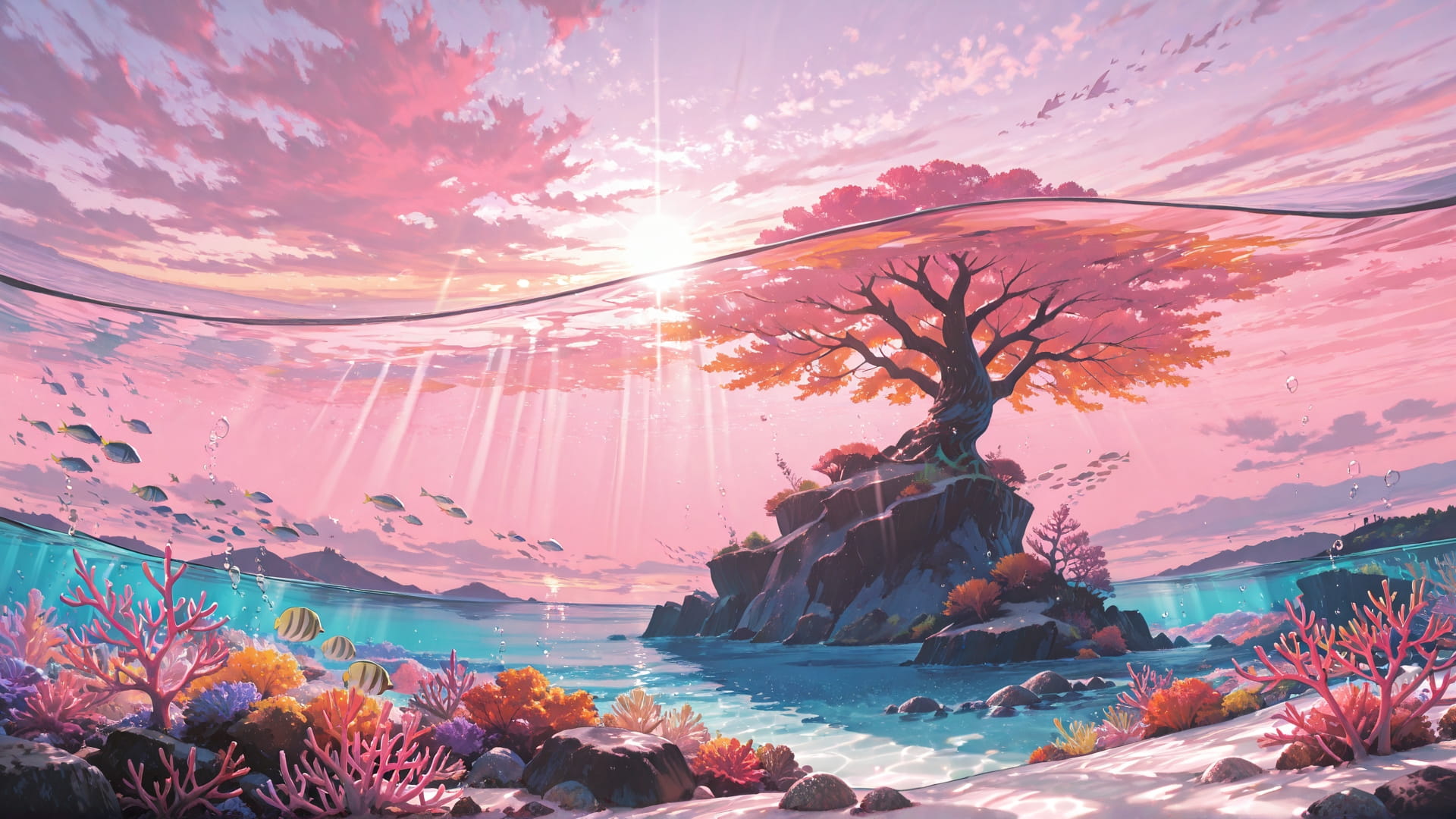 Pink Afternoon Sea Underwater smartphone wallpaper free download, vertical 16:9 format, Pink, Afternoon, Sea, Autumn 001