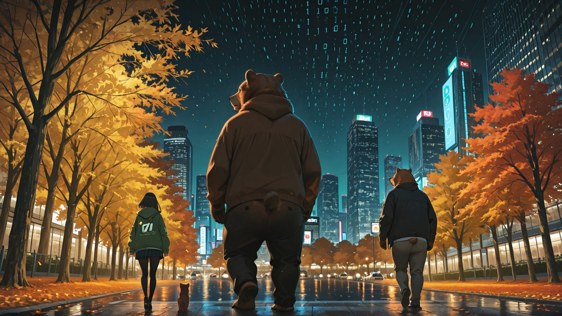 Green Night City Vibe smartphone wallpaper free download, vertical 16:9 format, Green, Night, City, Autumn