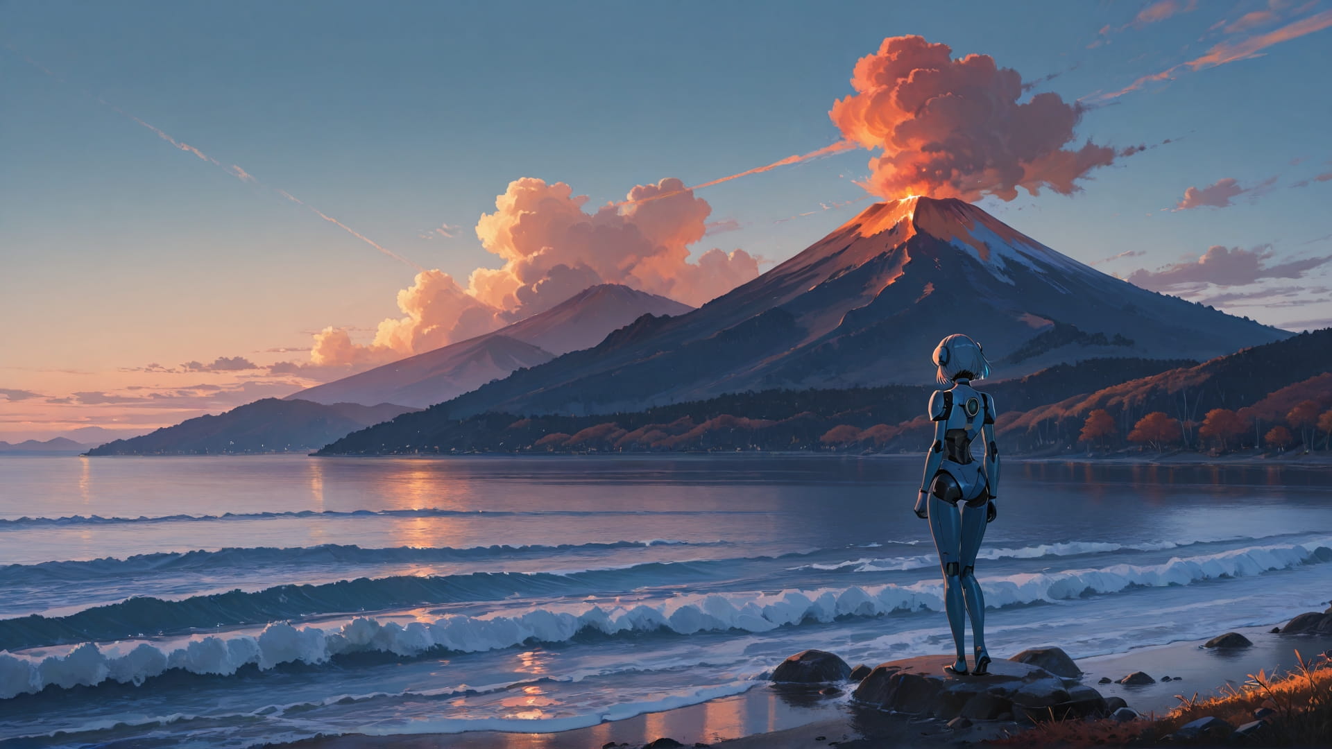 Blue Afternoon Sea Volcano smartphone wallpaper free download, vertical 16:9 format, Blue, Afternoon, Sea, Autumn