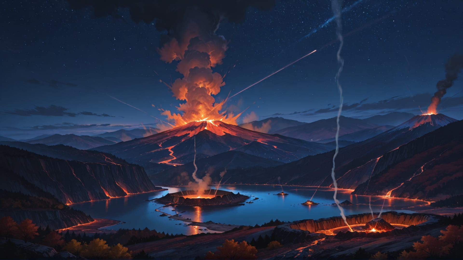 Blue Night Sea Volcano smartphone wallpaper free download, vertical 16:9 format, Blue, Night, Sea, Autumn