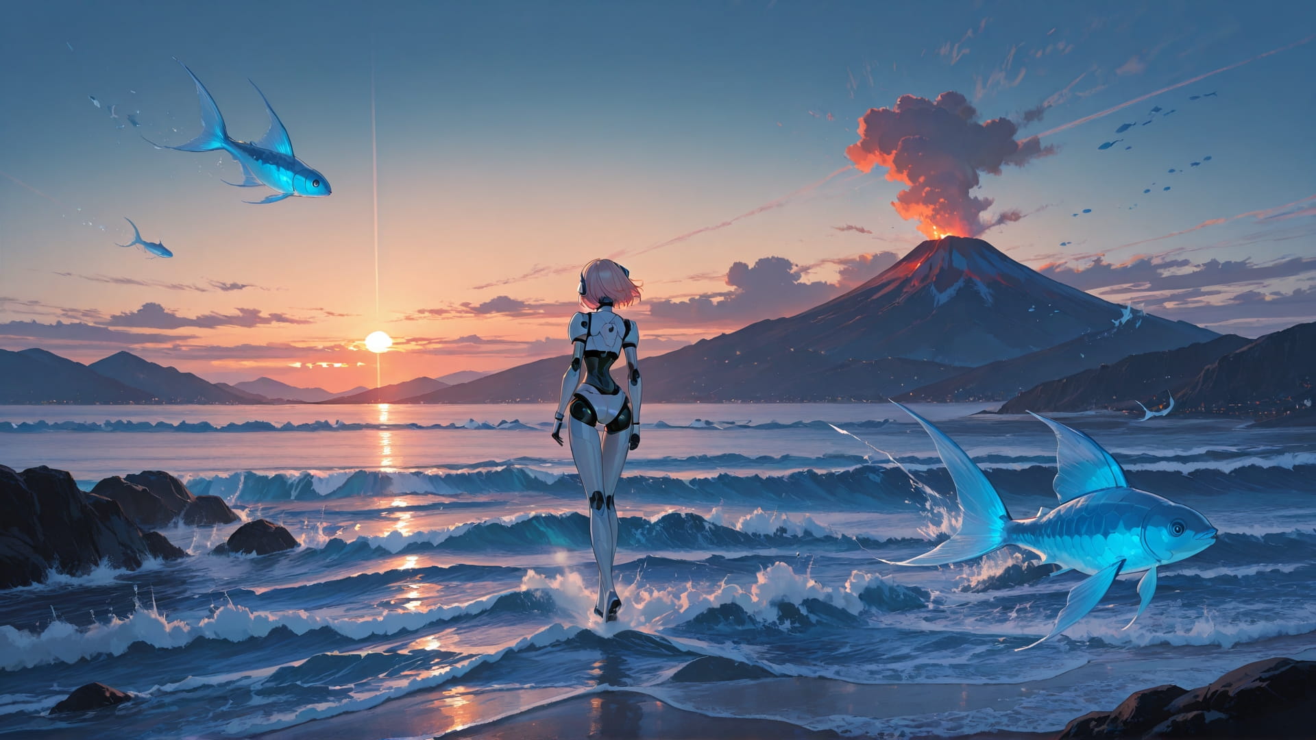 Blue Sunset Mountain Volcano smartphone wallpaper free download, vertical 16:9 format, Blue, Sunset, Mountain, Spring