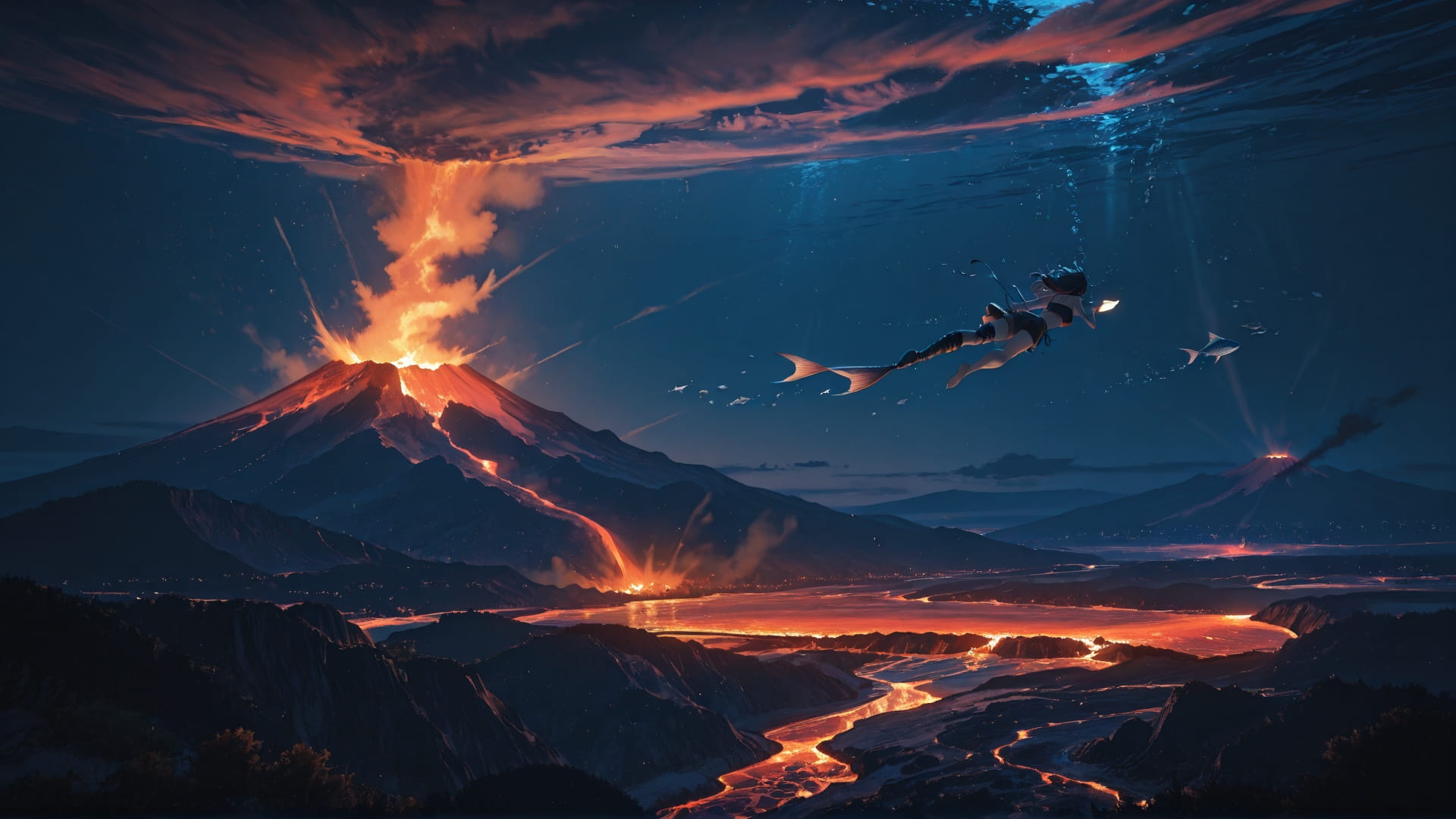 Brown Night Sea Volcano smartphone wallpaper free download, vertical 16:9 format, Brown, Night, Sea, Summer