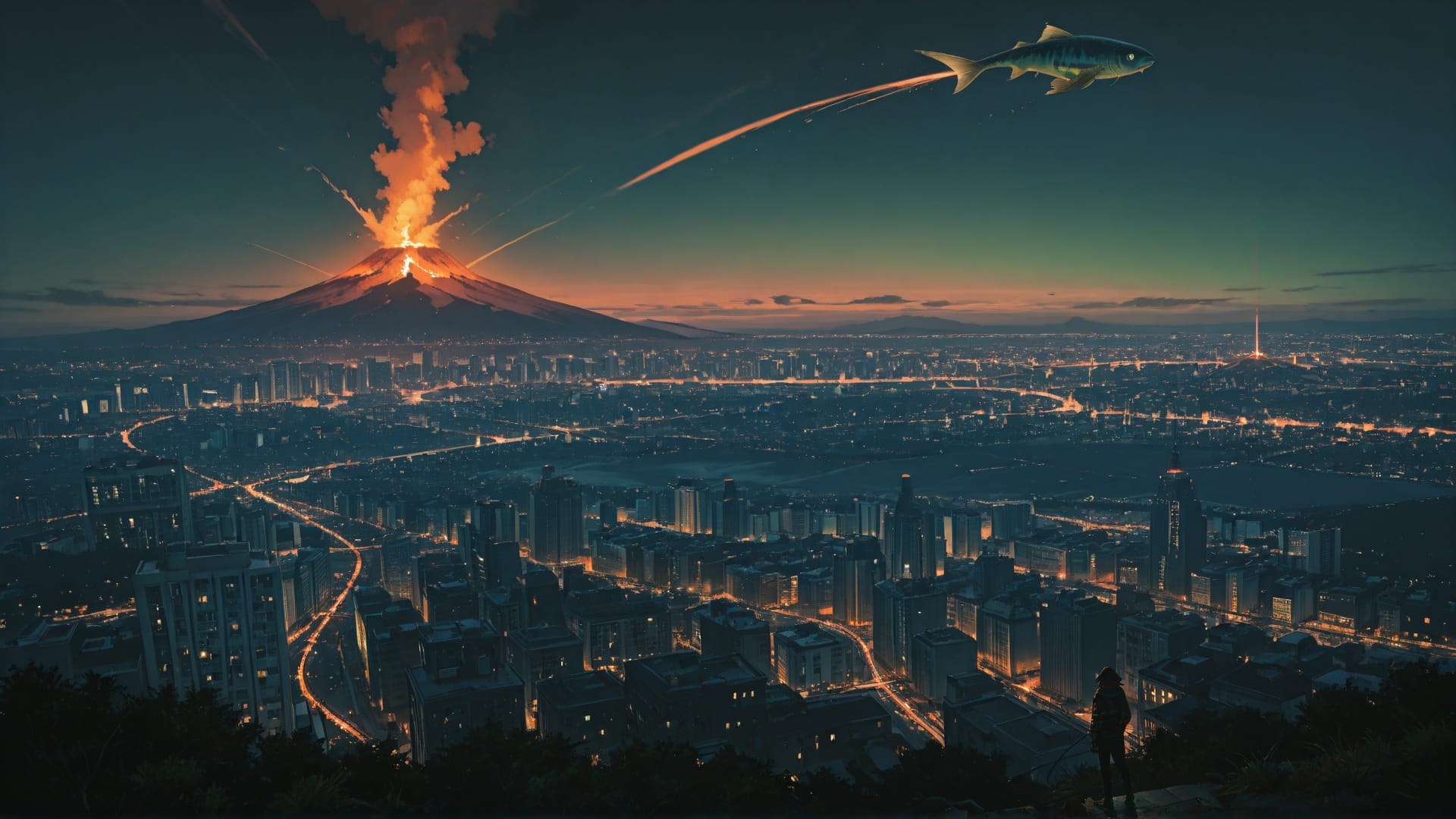 Green Night City Volcano smartphone wallpaper free download, vertical 16:9 format, Green, Night, City, Summer