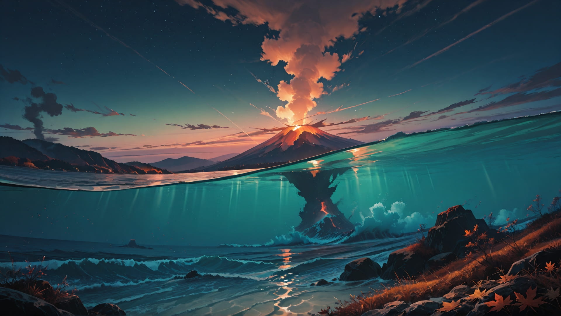 Green Night Sea Volcano smartphone wallpaper free download, vertical 16:9 format, Green, Night, Sea, Autumn 001