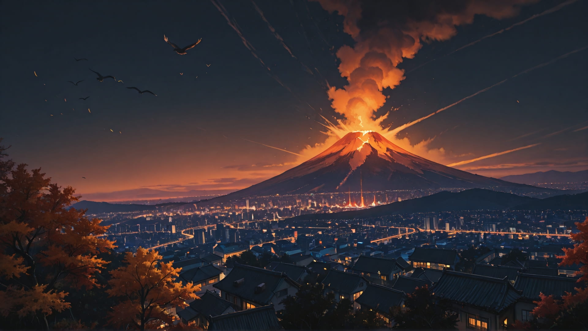 Orange Night City Volcano smartphone wallpaper free download, vertical 16:9 format, Orange, Night, City, Autumn