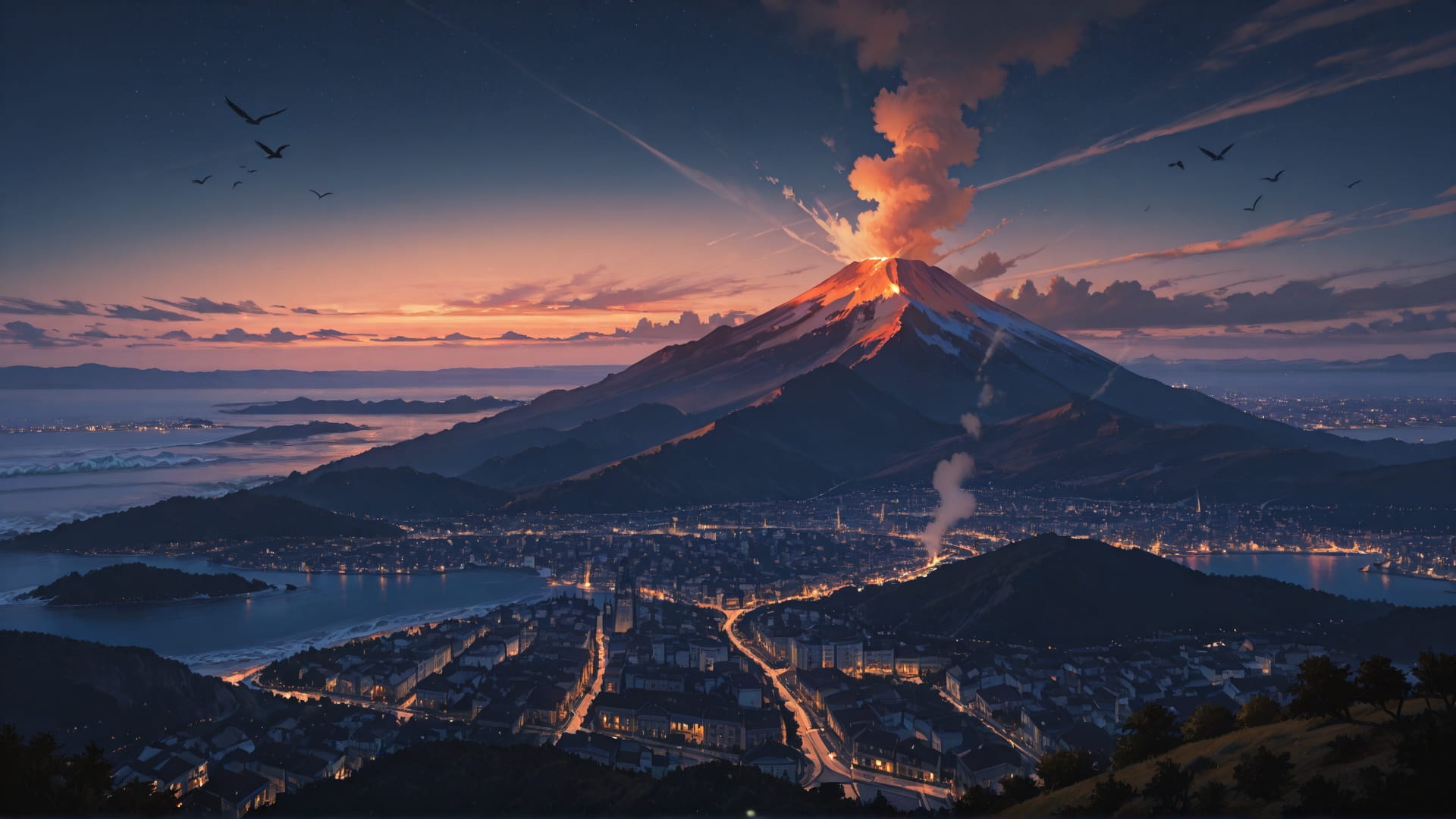 Orange Night City Volcano smartphone wallpaper free download, vertical 16:9 format, Orange, Night, City, Spring