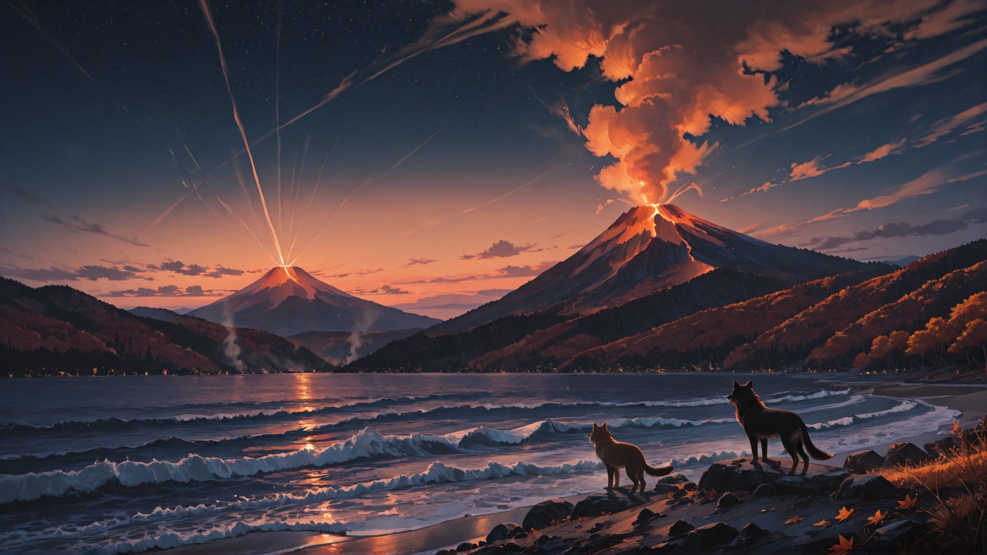 Orange Night Mountain Volcano smartphone wallpaper free download, vertical 16:9 format, Orange, Night, Mountain, Autumn