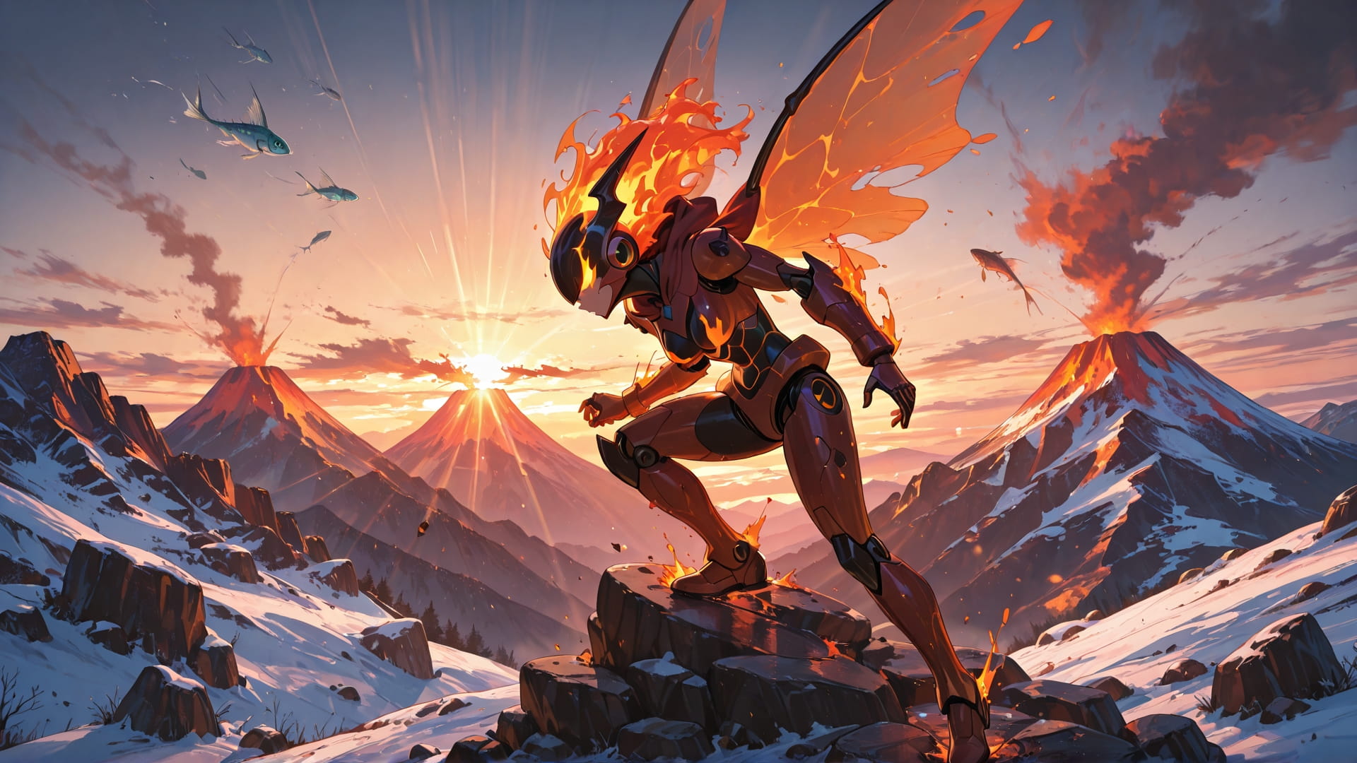 Orange Sunset Mountain Volcano smartphone wallpaper free download, vertical 16:9 format, Orange, Sunset, Mountain, Winter