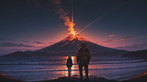 Pink Night Sea Volcano smartphone wallpaper free download, vertical 9:16 format, Pink, Night, Sea, Autumn