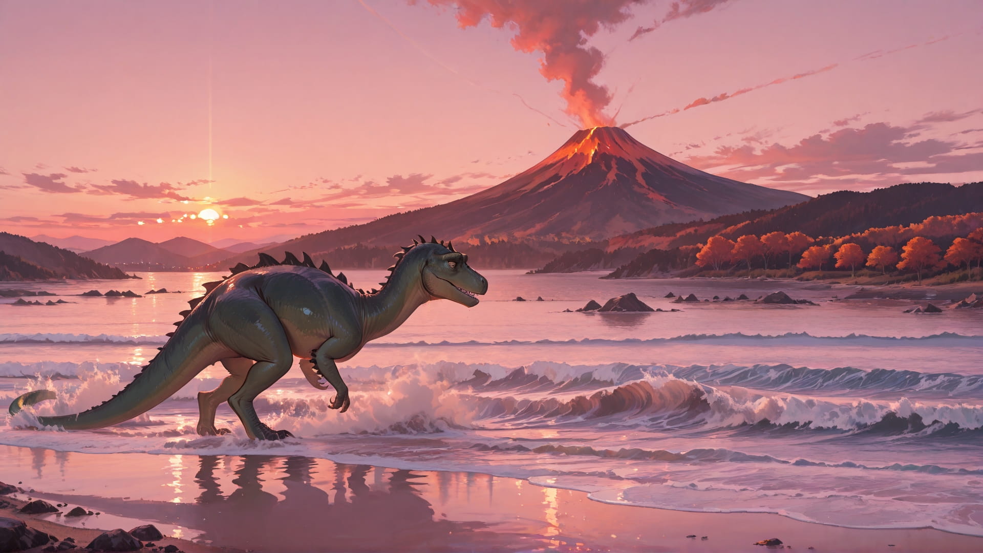 Pink Sunset Sea Volcano smartphone wallpaper free download, vertical 16:9 format, Pink, Sunset, Sea, Autumn