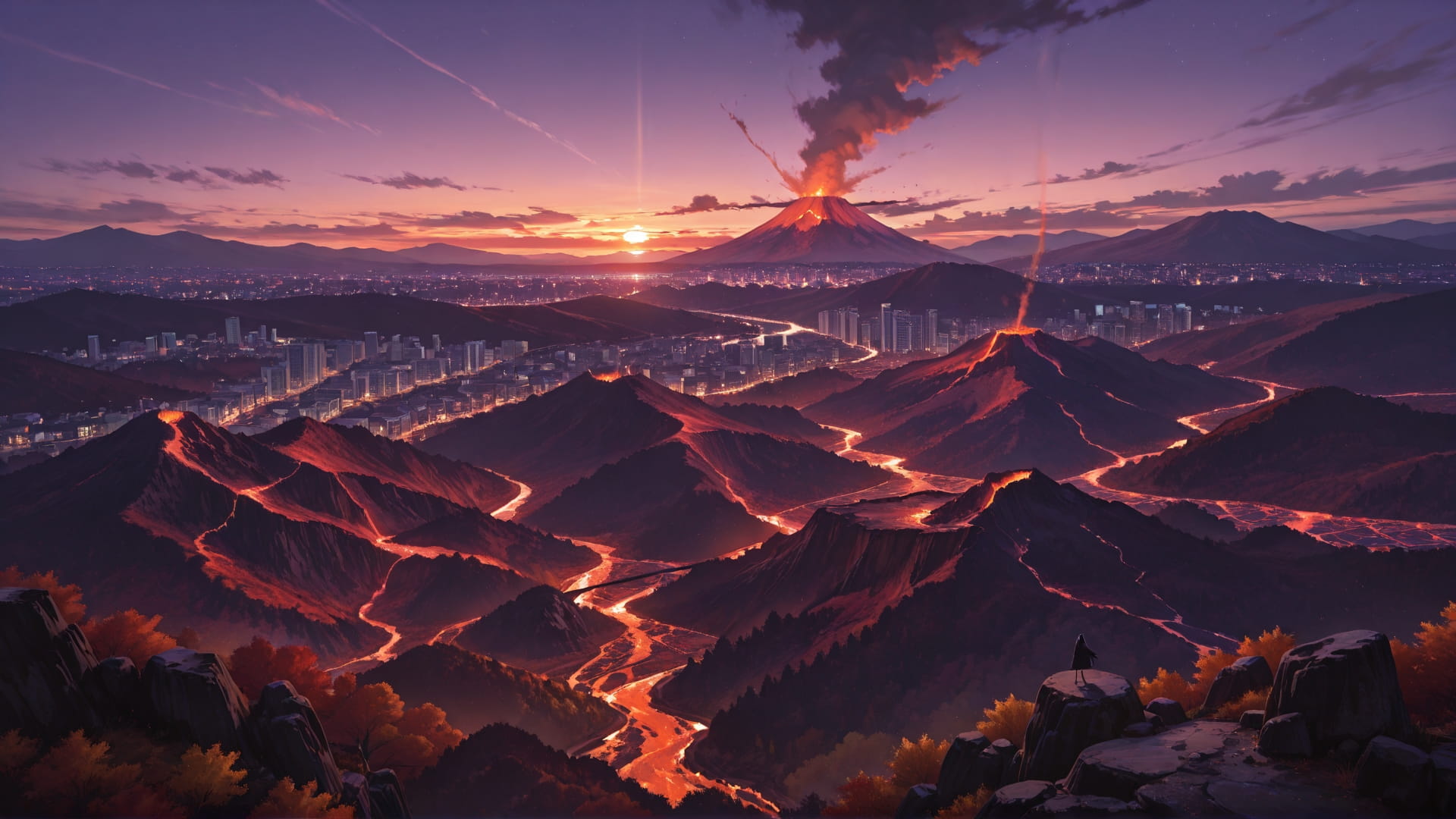 Purple Sunset City Volcano smartphone wallpaper free download, vertical 16:9 format, Purple, Sunset, City, Autumn 001