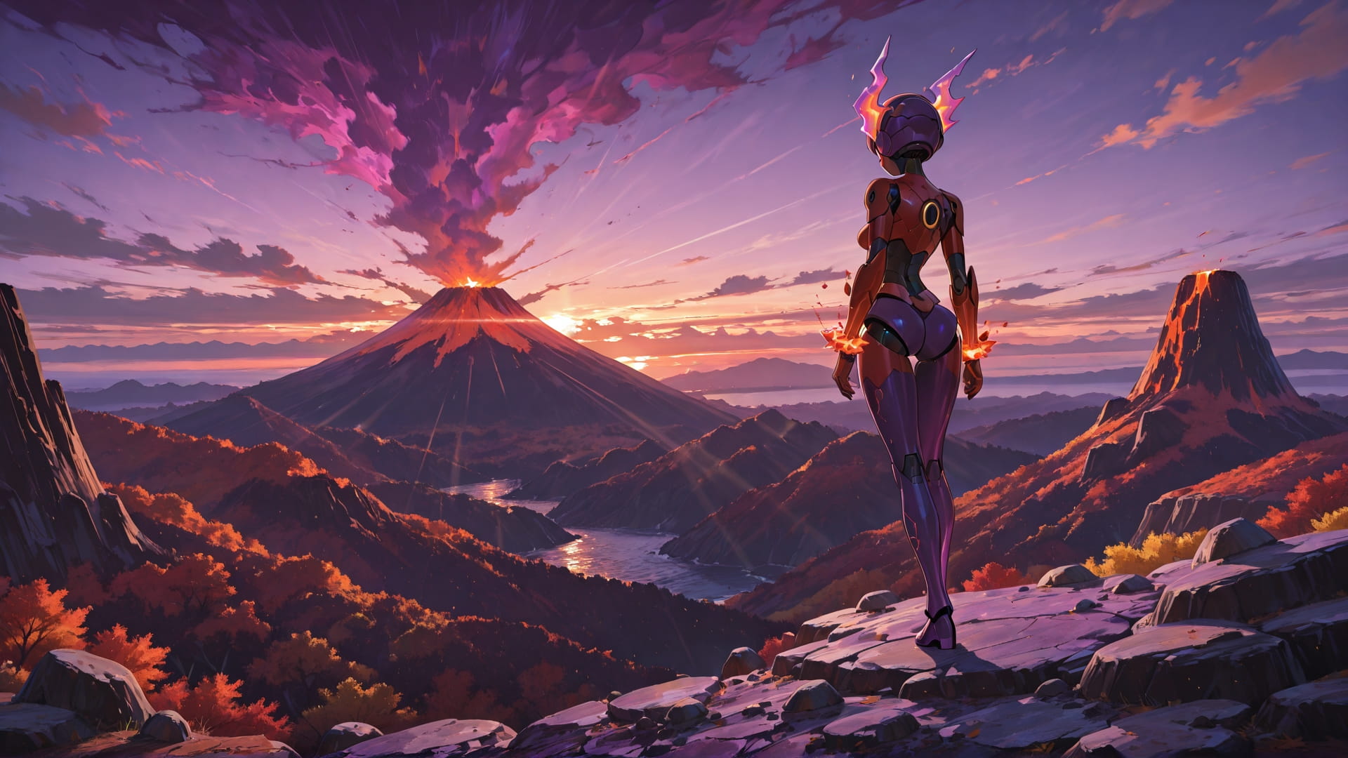 Purple Sunset Sea Volcano smartphone wallpaper free download, vertical 16:9 format, Purple, Sunset, Sea, Autumn