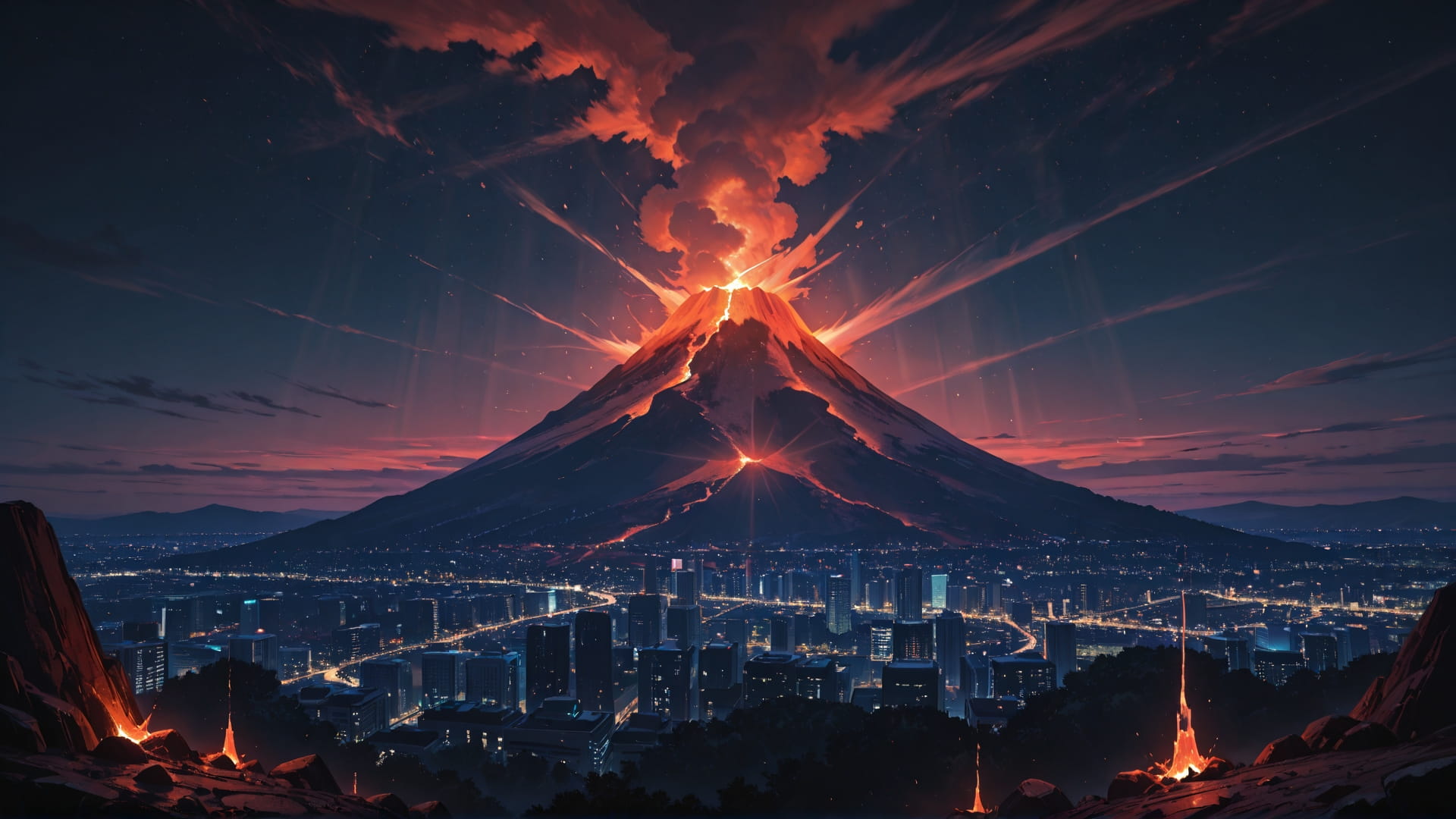 Red Night City Volcano smartphone wallpaper free download, vertical 16:9 format, Red, Night, City, Summer 001