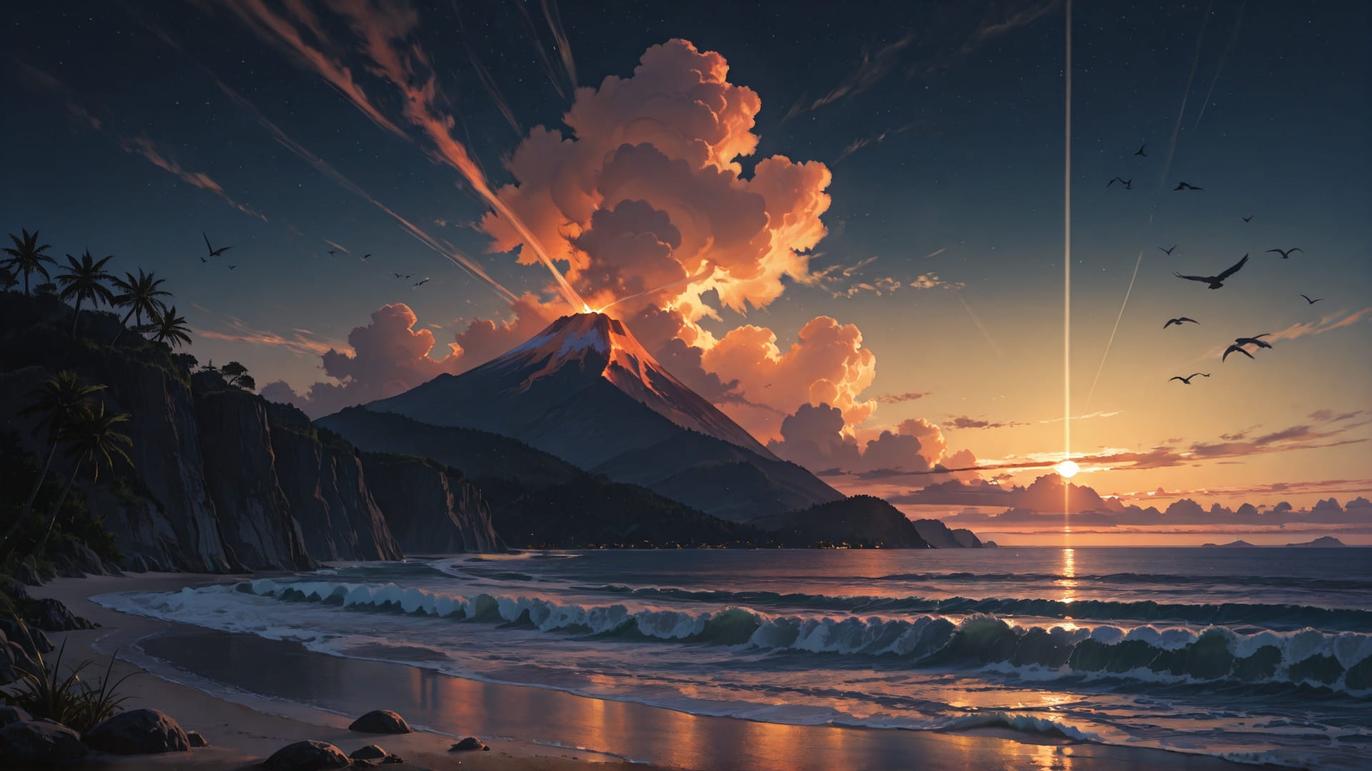 Yellow Night Nature Volcano smartphone wallpaper free download, vertical 16:9 format, Yellow, Night, Nature, Summer