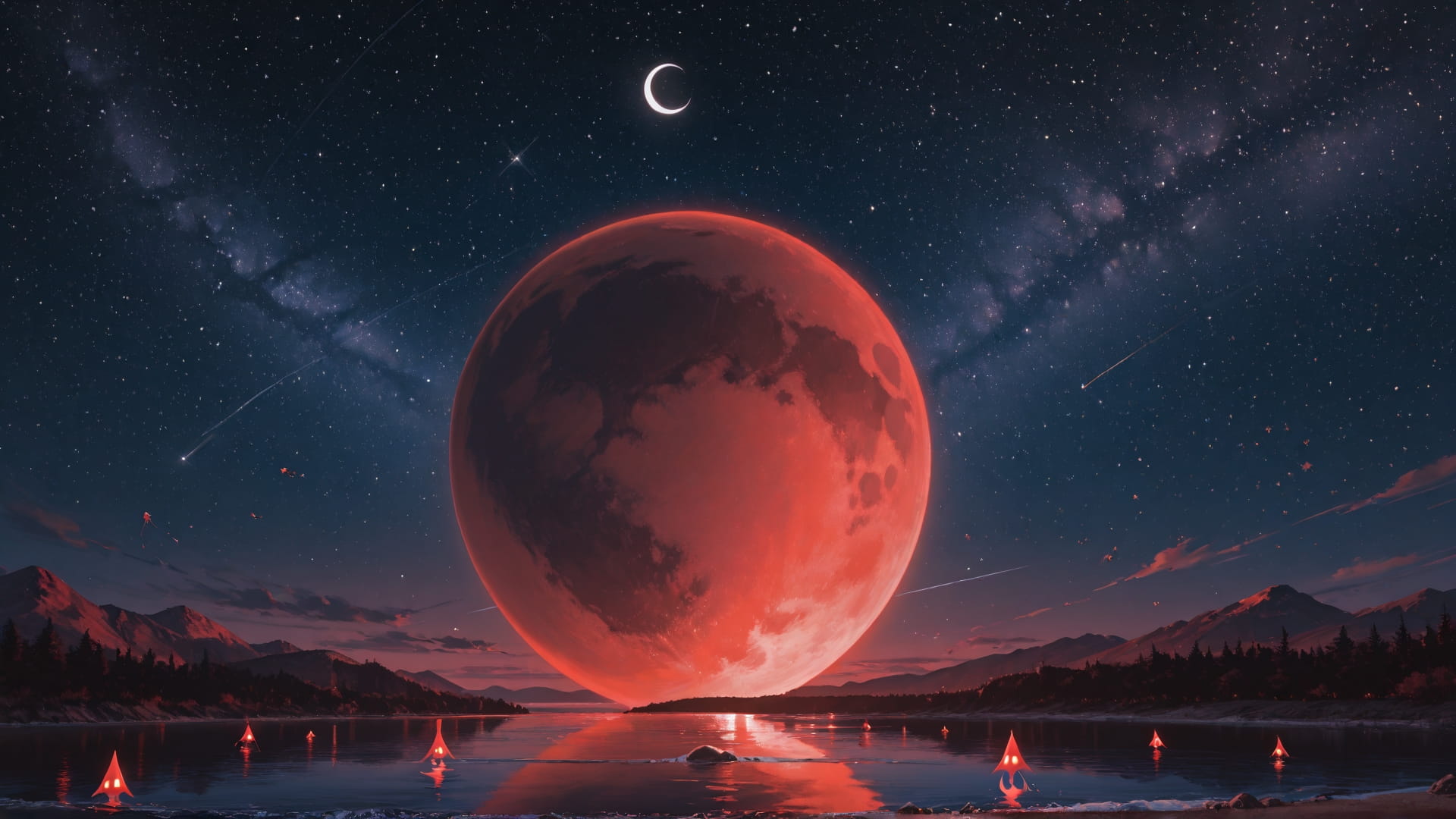 Red Night Sea WaningCrescent smartphone wallpaper free download, vertical 16:9 format, Red, Night, Sea, Summer