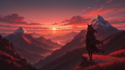 Red Sunset Mountain WaningCrescent smartphone wallpaper free download, vertical 16:9 format, Red, Sunset, Mountain, Spring 001