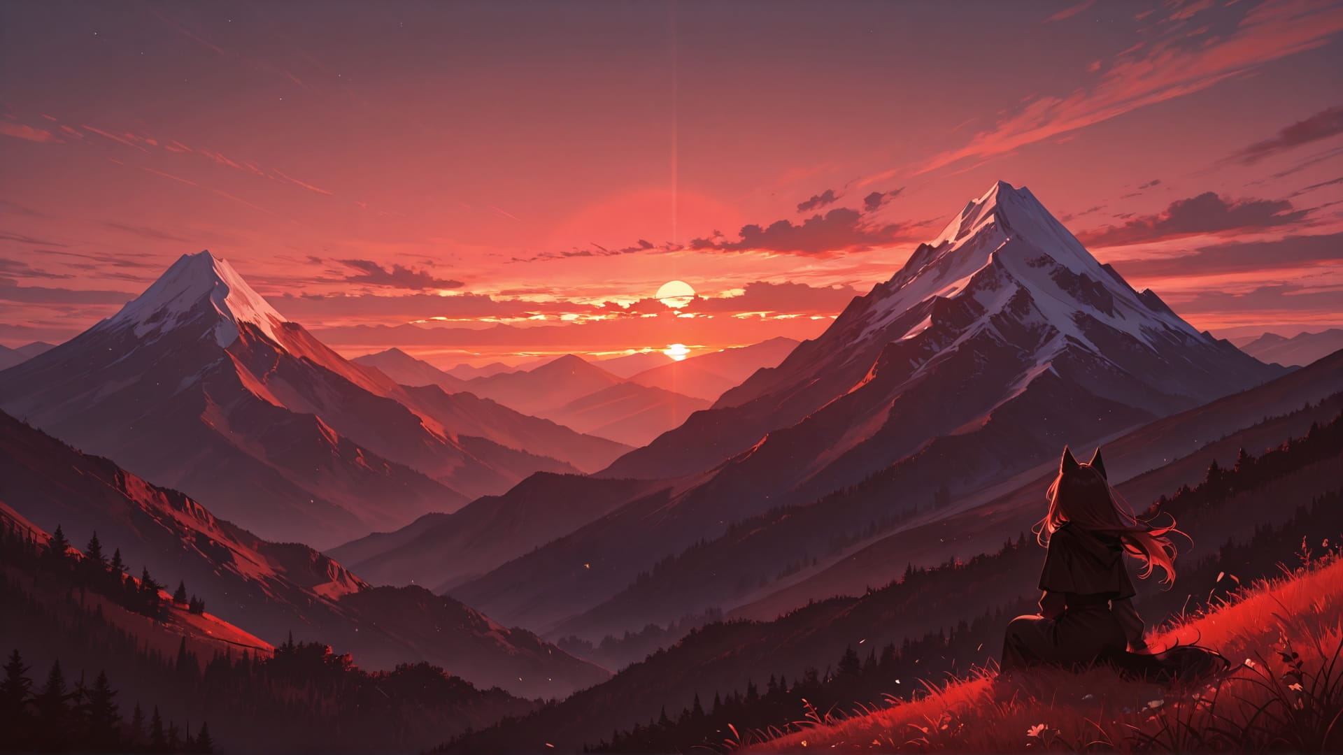 Red Sunset Mountain WaningCrescent smartphone wallpaper free download, vertical 16:9 format, Red, Sunset, Mountain, Spring 002