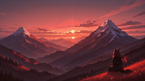 Red Sunset Mountain WaningCrescent smartphone wallpaper free download, vertical 16:9 format, Red, Sunset, Mountain, Spring 002