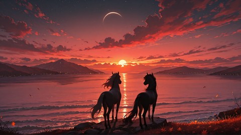 Red Sunset Sea WaningCrescent smartphone wallpaper free download, vertical 16:9 format, Red, Sunset, Sea, Autumn
